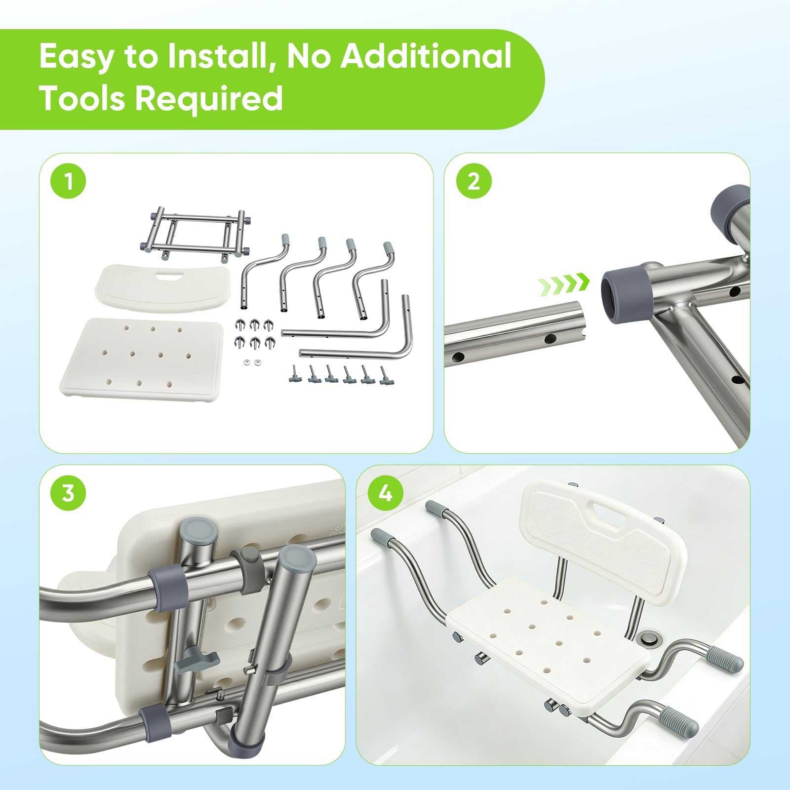 Sedile per Vasca da Bagno per Anziani, Antiscivolo Sgabello da Doccia con Schienale, Larghezza Regolabile 77-87cm, Portata 150 kg, con Cuscinetti e Maniglie in Silicone Antiscivolo, Bianco