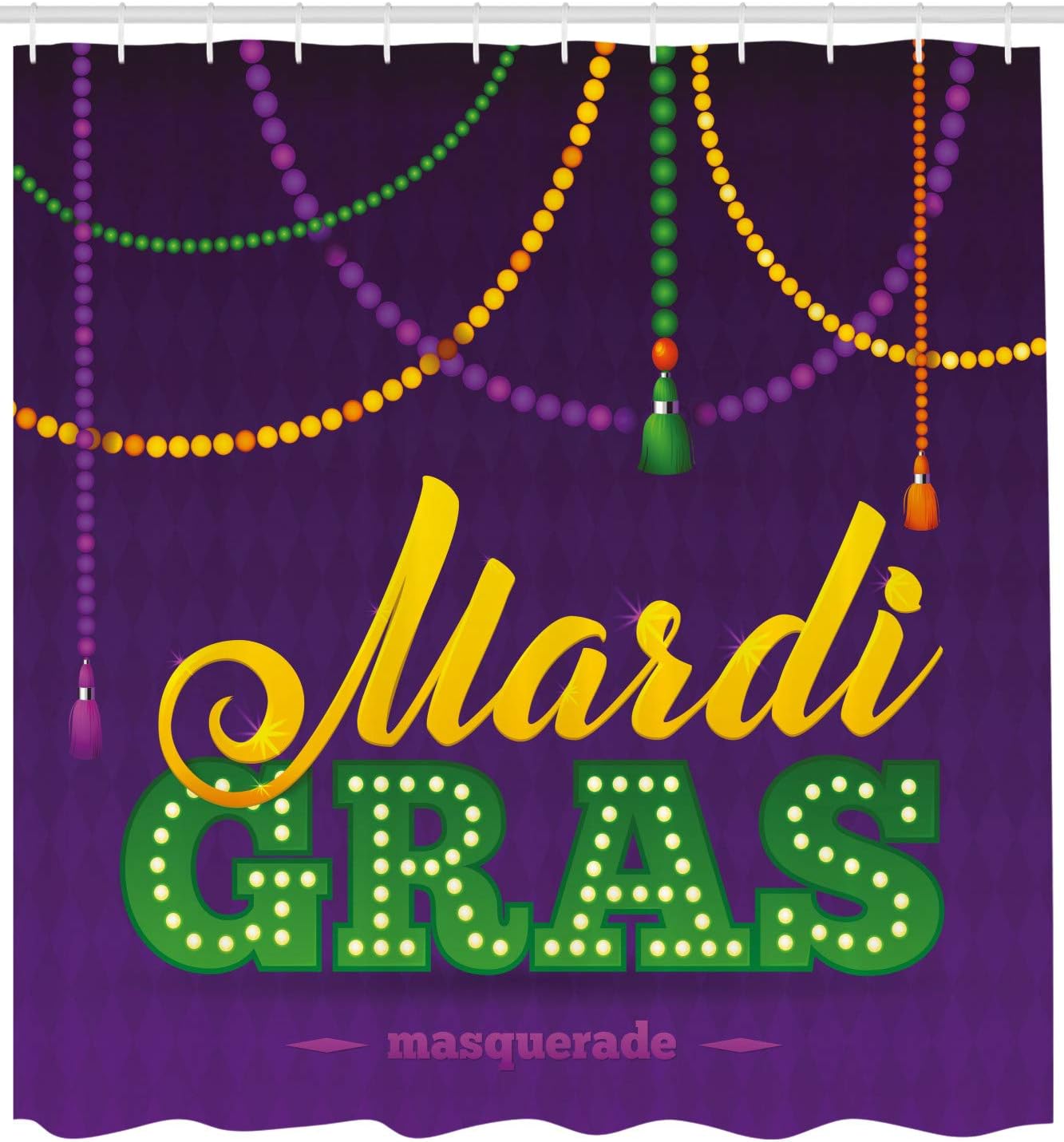 Ambesonne Mardi Gras Shower Curtain, Beads and Tassels Masquerade Theme Calligraphy Design Fun Print, Fabric Bathroom Decor Set with Hooks, 69" W x 70" L, Purple Marigold Fern Green
