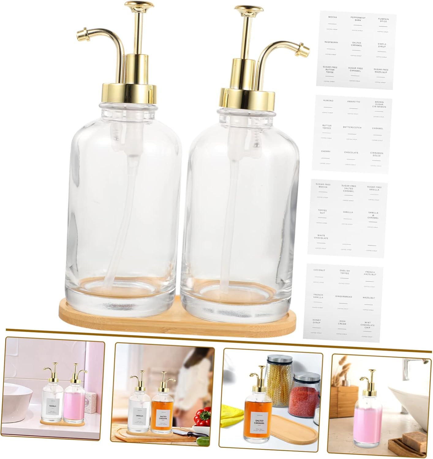 1 Set Decorative Glass Syrup Dispenser with Pump Lid Multi Use Bottle for Coffee Bar Unique Reusable Container for Syrups Juices and Honey Stylish Kitchen Decor