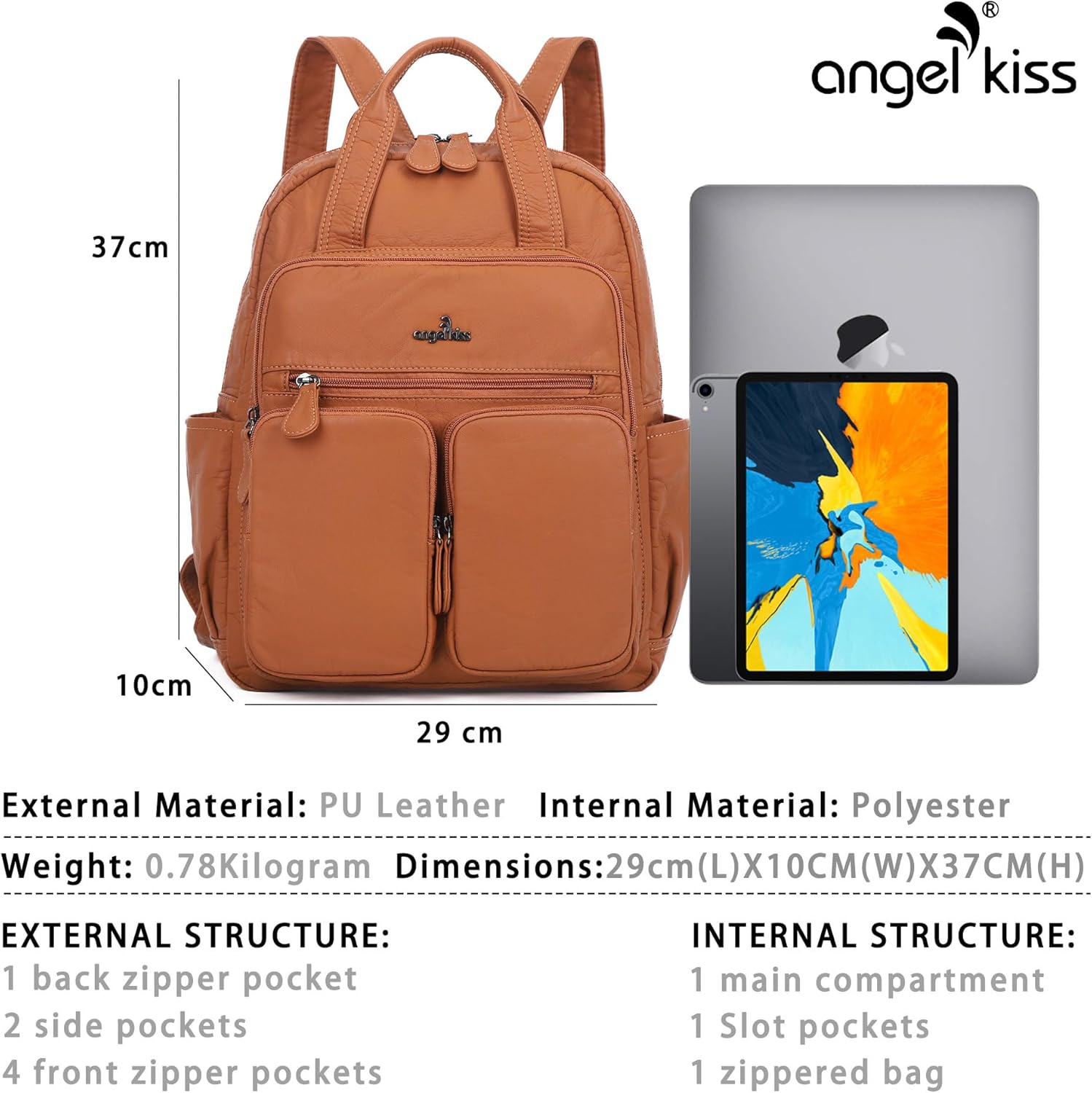Angel Kiss Backpack Purse for Women Soft Washed Leather Multi Pocket Casual Travel Backpacks… - Image 3