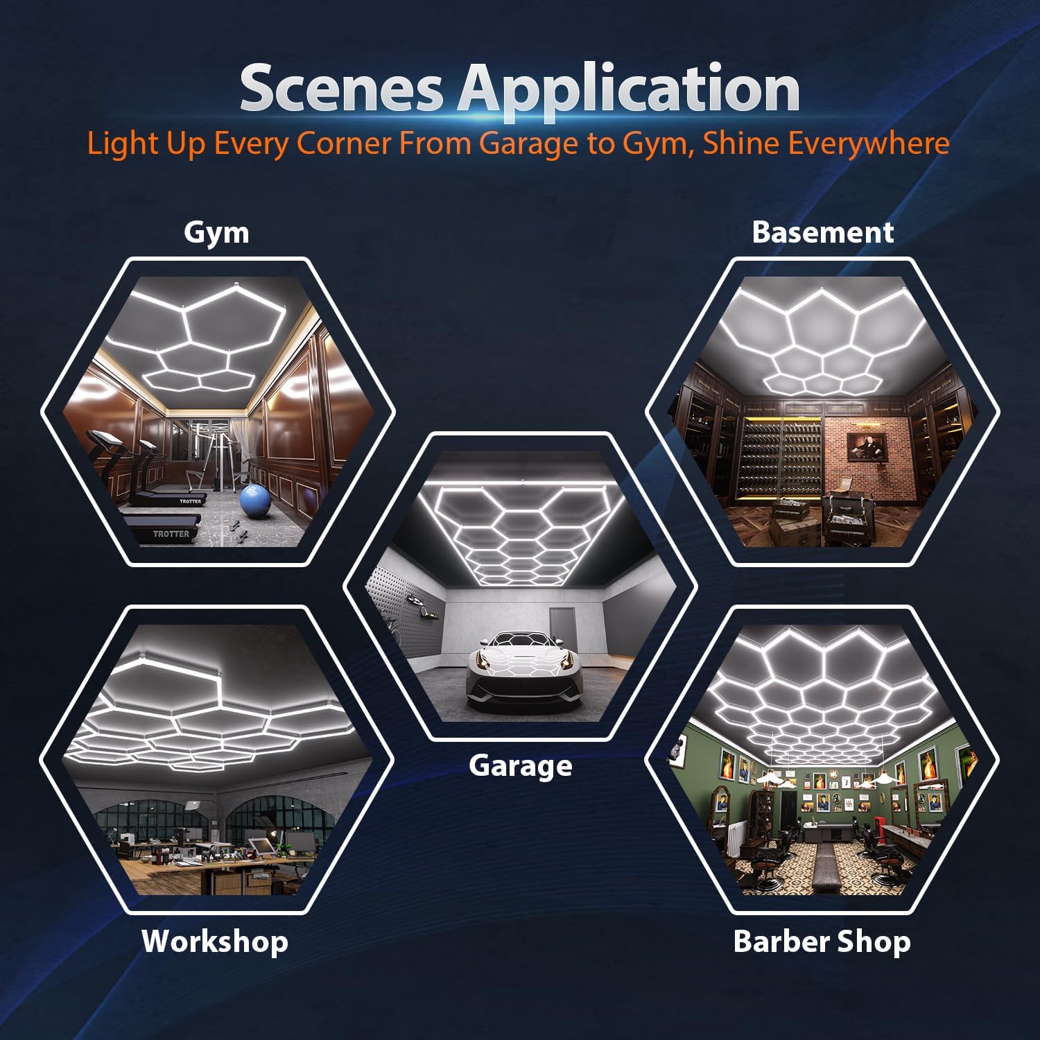 Hexagon Garage Lights: 168W 5 Grids LED Garage Lights - Easy Install 6500K Super Bright Honeycomb Light for Workshop Warehouse Car Detailing Shop Exhibition Hall Gym