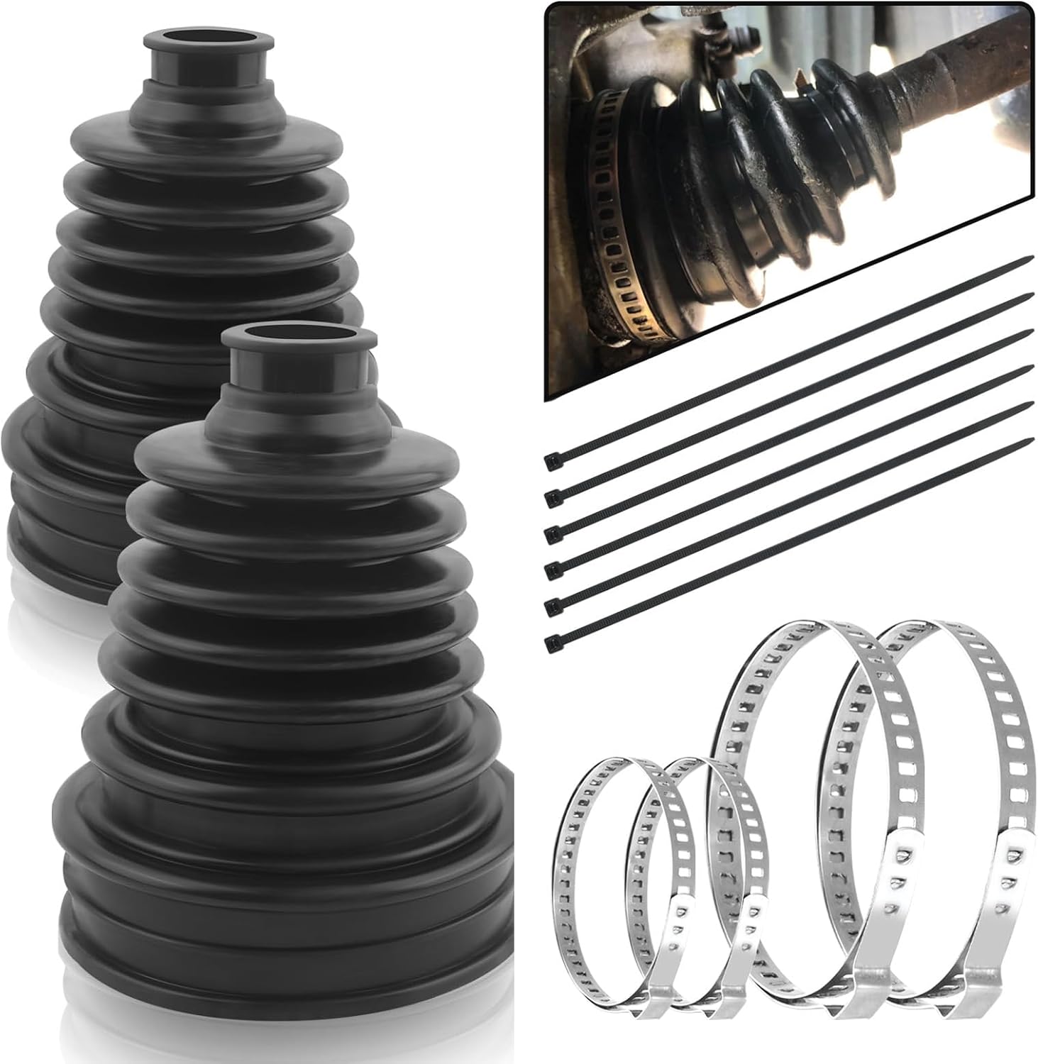 2PCS CV Axle Boot Repair Kit with 4 Stainless Steel Clamps & 6 Cable Ties, Waterproof & Dustproof Universal CV Joint Boots for Most Cars