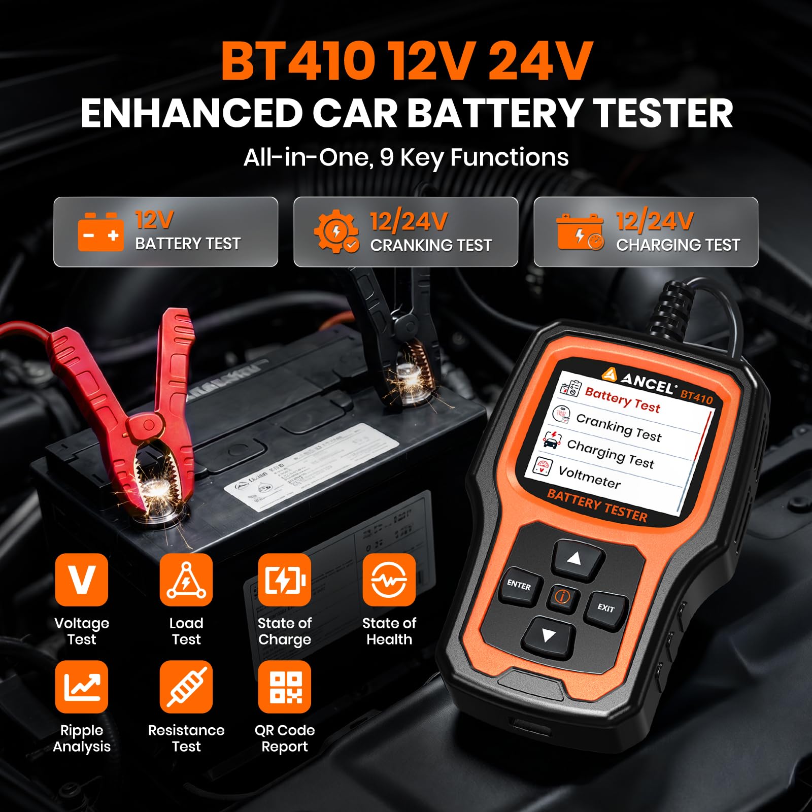 12V 24V Comprobador de Baterías de Coche 100-2000CCA para Plomo y Litio BAT | Probador de Batería de Coche con Prueba de Batería, Arranque, Carga y Alternador para ATV SUV Camión Moto Barco Yate