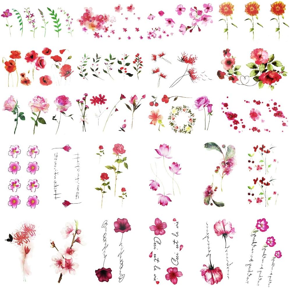 Everjoy Red and Pink Flower Temporary Tattoos - 24 Pcs, Rose, Blossom, Words