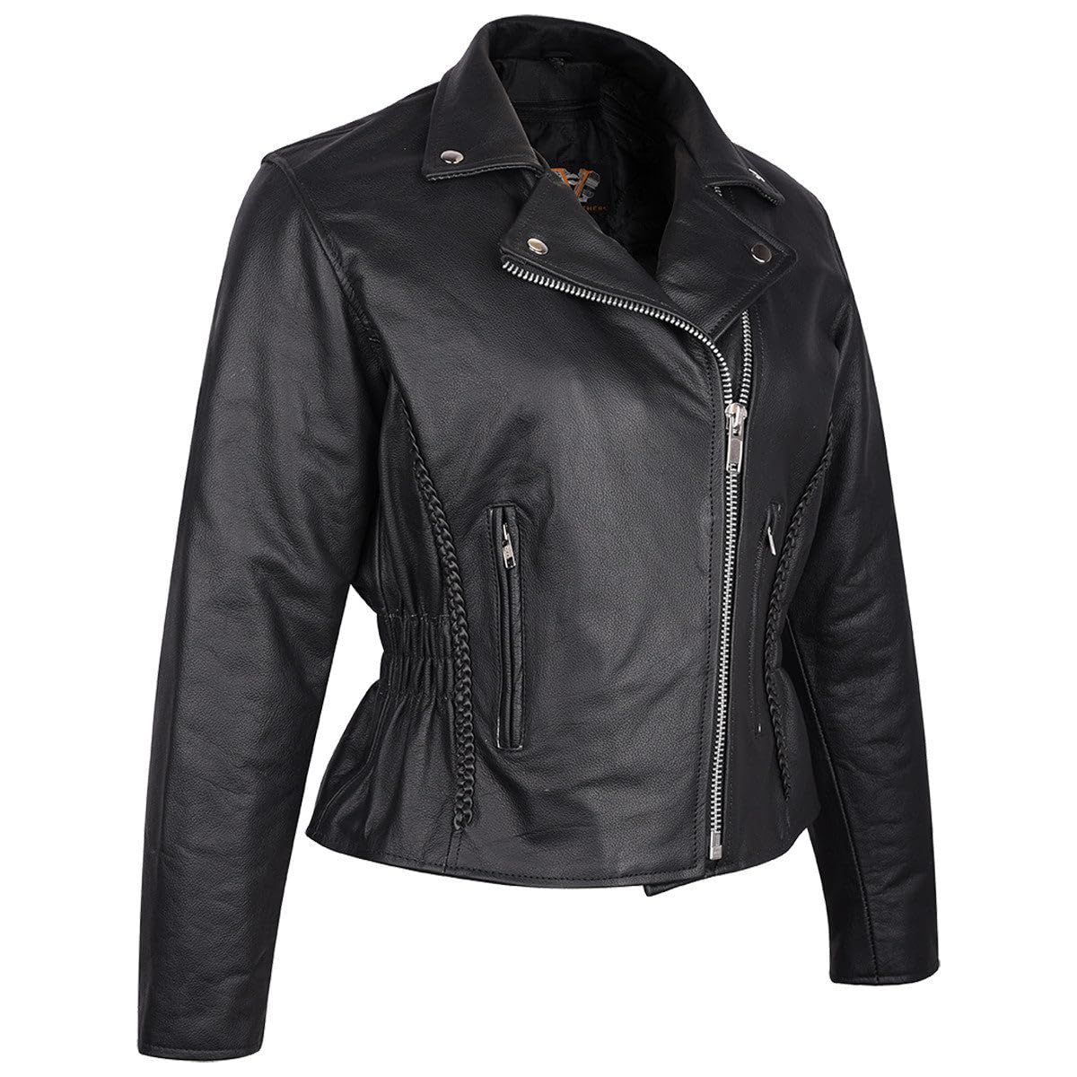 Braided Women's Leather Motorcycle Jacket, Studded, Black Asymmetrical Style with Zipout Liner (Large)