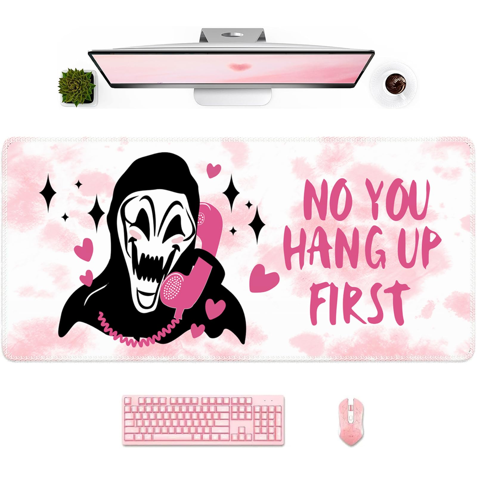 Anyshock Ghost Face Desk Mat, Halloween Gaming Mouse Pad, Desk Pad Large with Non-Slip Rubber Base, XXL Computer Keyboard Mat with Stitched Edges, Extended Mousepad for Girls, Home, Office, Pink