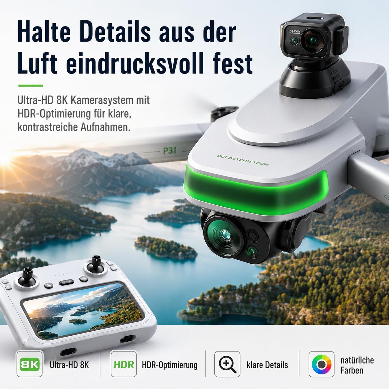 Kamera Drohne mit GPS und 8K Ultra HD, Follow Me, FPV Livebild, Auto Start & Landung, Gestensteuerung, Brushless Motoren, Faltbarer RC Quadrocopter