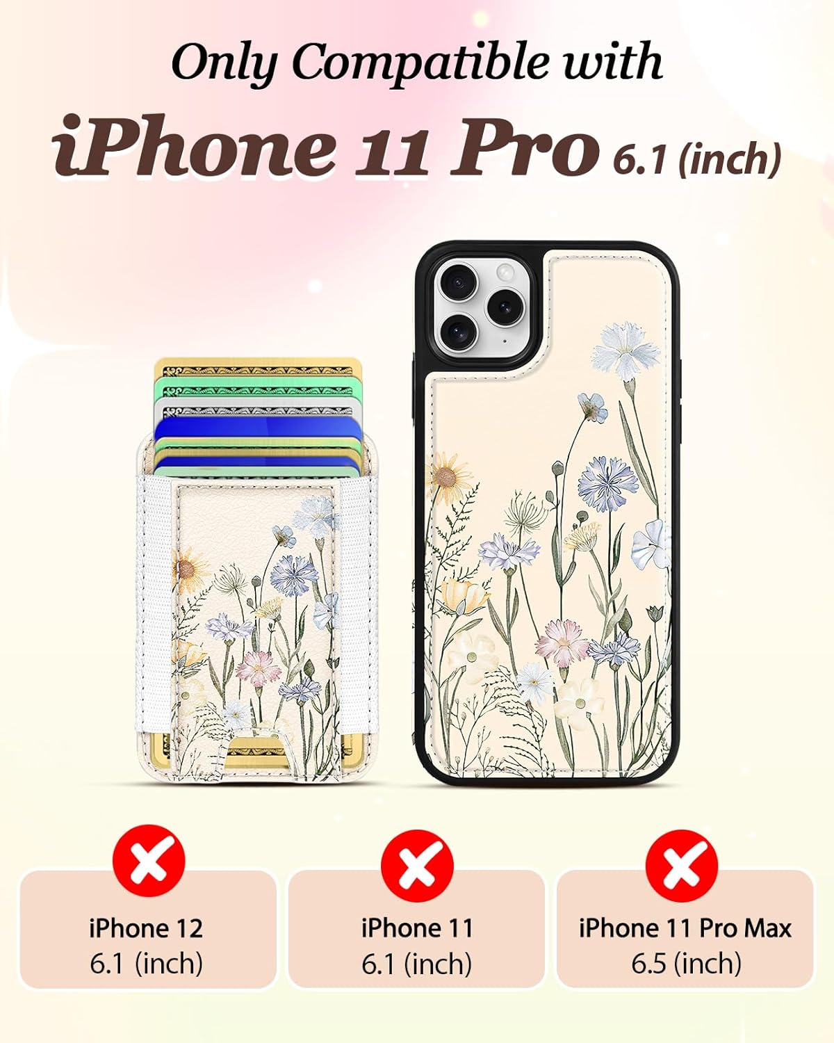 Shorogyt for iPhone 11 Pro Case Wallet - Fits 5 Cards, Compatible with Magsafe Detachable Magnetic Credit Card Holder Leather Cardholder Cute Phone Cover Women Girls for Apple 11Pro, Color Flower - Image 2