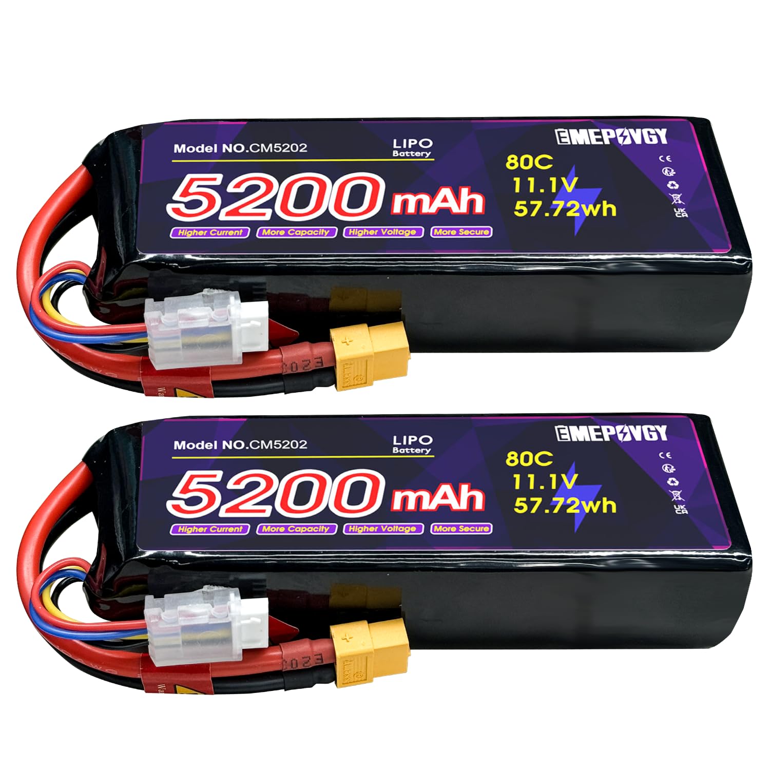 Lot de 2 batteries Lipo 11,1 V 3S 5200 mAh 80 C Lipos Étui souple avec connecteur XT60 pour voiture, avion, hélicoptère, bateau, course RC Hobby