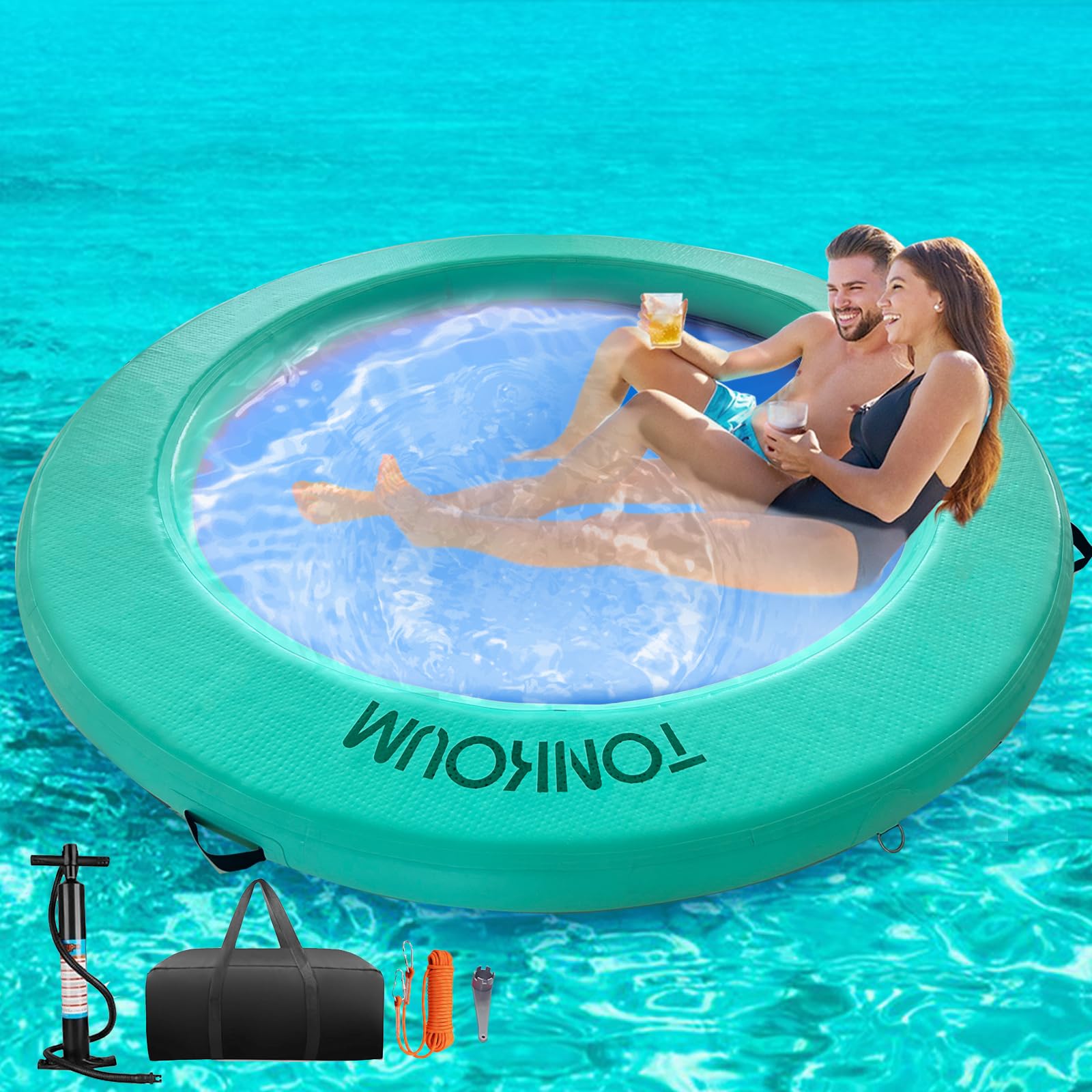 Water Hammock Inflatable Dock, 8ft Floating Raft Circular Water Island, Float Rings Air Mesh Platform for Lake/River/Swim Pool