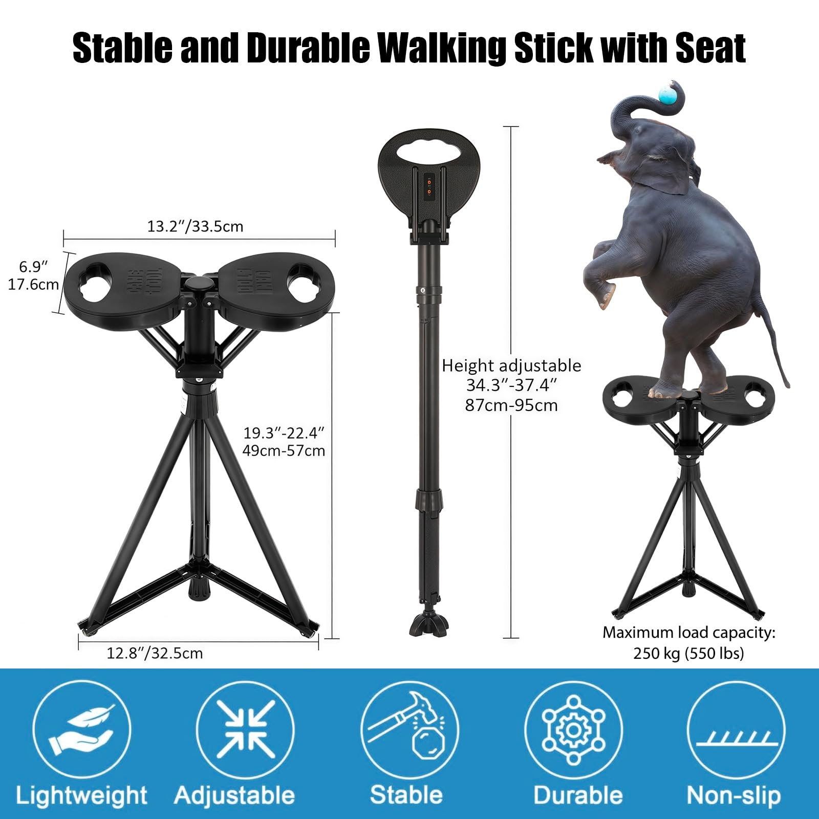 Bastón de paseo con asiento, bastón para personas mayores y adultos, bastón plegable portátil con bolsa de transporte, bastón de senderismo ajustable en altura con capacidad de asiento de 250 kg