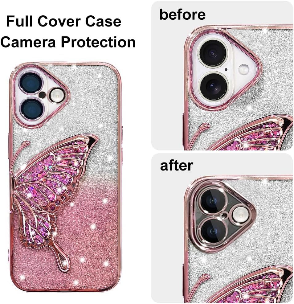 Image of mobistyle Designed for iPhone 16 Plus Cover with Glitter Cute Butterfly Electroplate Plating Design Back Cover Case for Women Teen Girls [ Silicone ||Pink