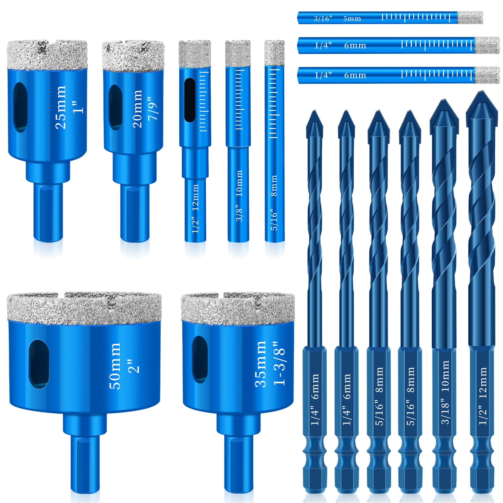 16Pcs M6 Blue Sand Diamond Hole Saw Kit 5–50mm + 6 Masonry Drill Bits 6–12mm, Tungsten Carbide Tile Cutter for Porcelain, Glass, Stone & Concrete, Fits Drills, Rotary Hammers & Angle Grinders