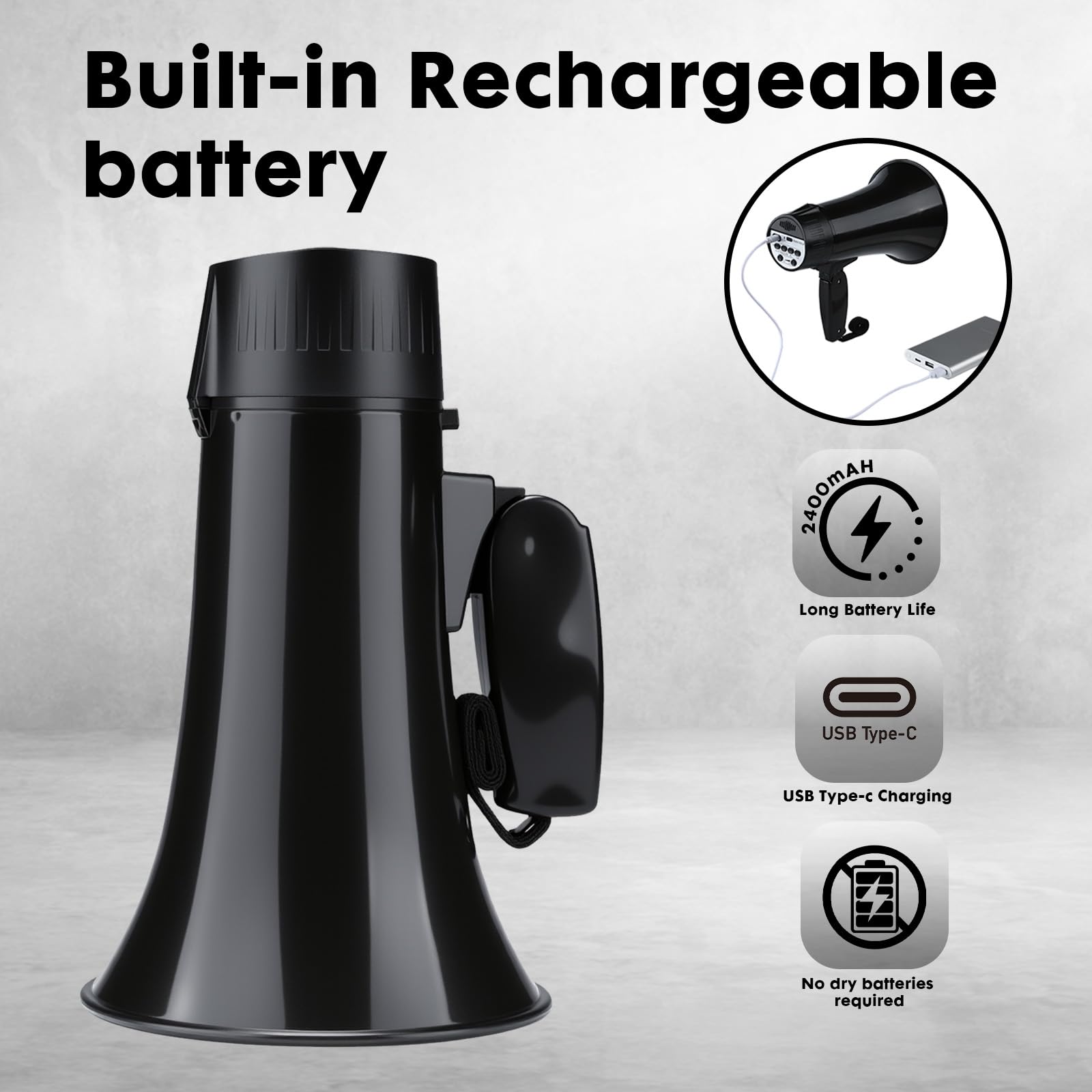 UZOCHI Megafono ricaricabile da 20 Watt, altoparlante con sirena e registrazione 240s, megafono portatile con display di alimentazione e cinturino (nero)