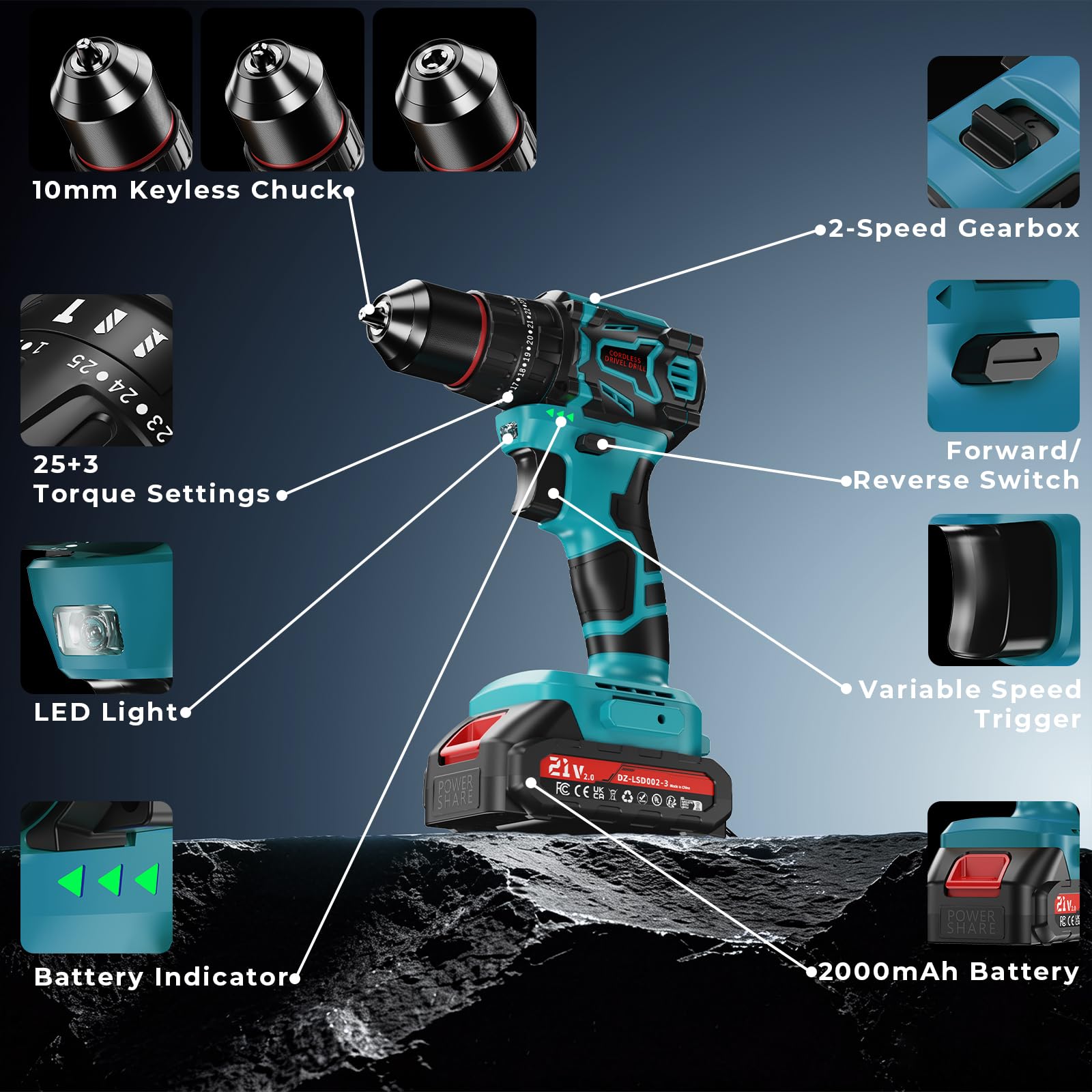 Trapano Avvitatore a Batteria 21V, 2 Batterie 2,0 Ah | 70 Nm Max, 25+3 Livelli di Coppia, 2 Velocità, Luce LED, Mandrino 10 mm
