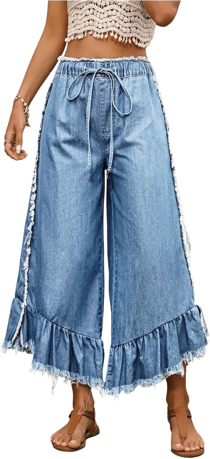 SOLY HUX Women's High Waisted Ruffle Hem Wide Leg Baggy Jeans Drawstring Fringe Denim Pants