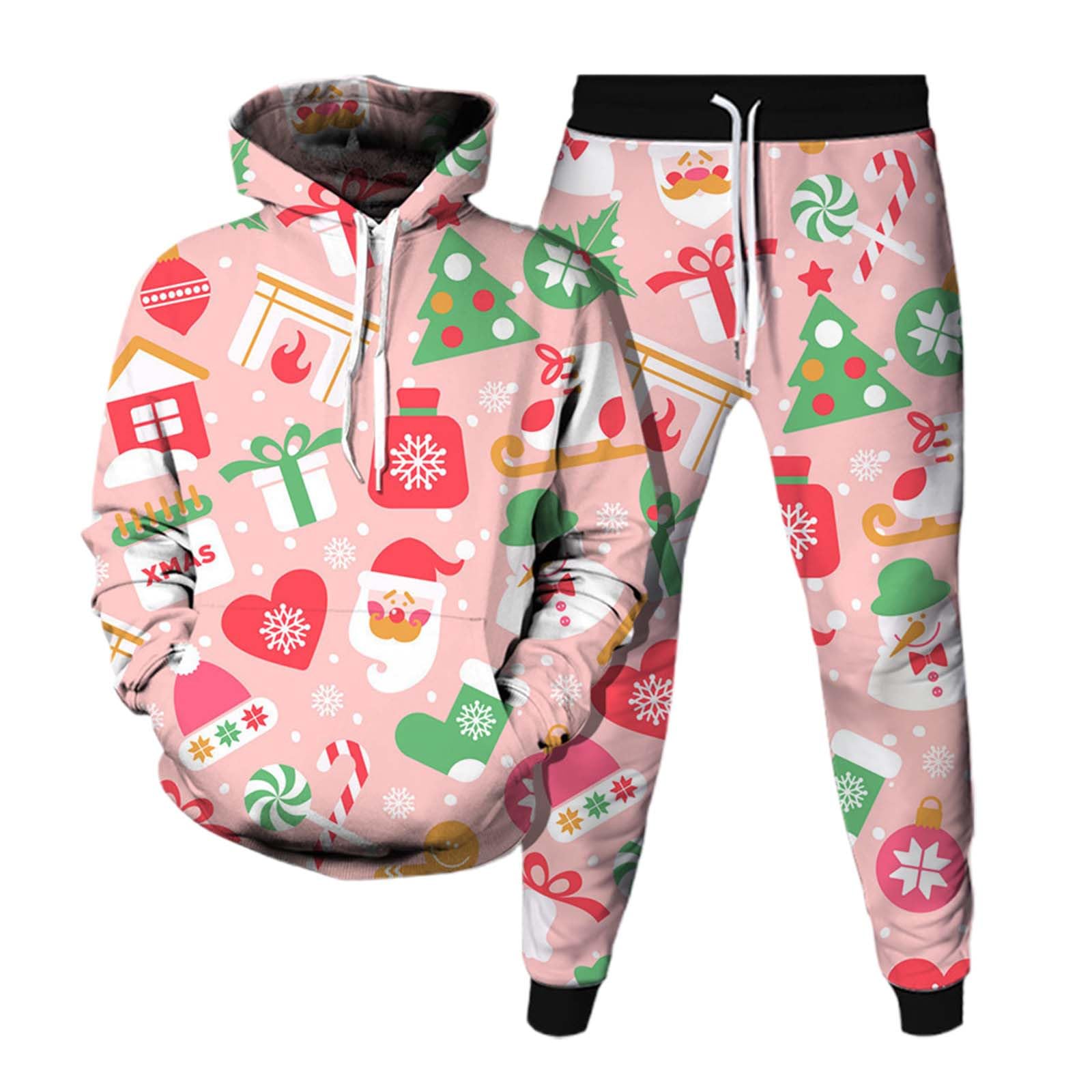 Generisch Christmas, Natale, camicia natalizia da uomo, abbigliamento sportivo da uomo, set da due pezzi, abbigliamento sportivo, casual, sportivo, stampa natalizia, pantaloni da jogging con tuta da