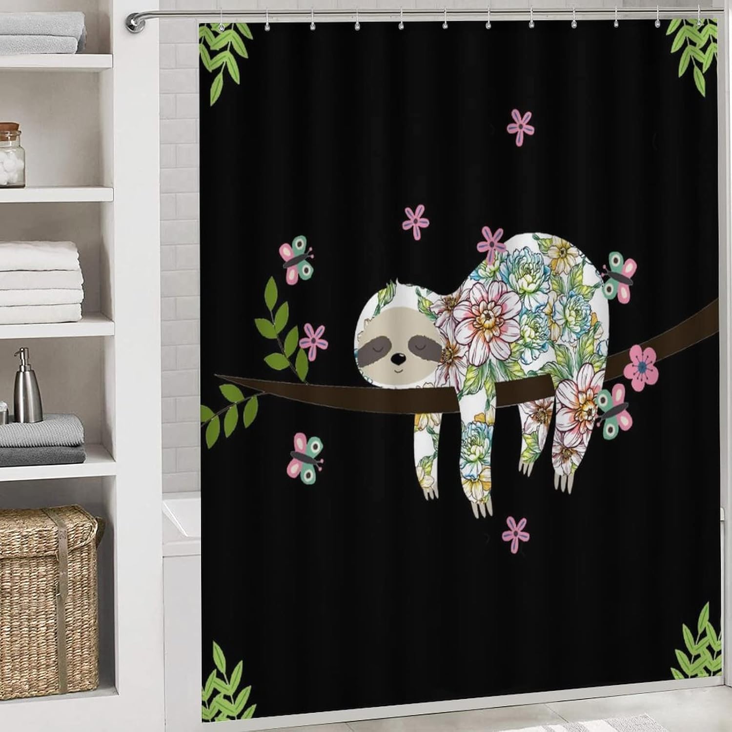 Girl Sloth 4 Piece Shower Curtain Sets, Non-Slip Rugs, Toilet Lid Cover and Bath Mat, Durable and Waterproof, for Bathroom Decor Set One Size