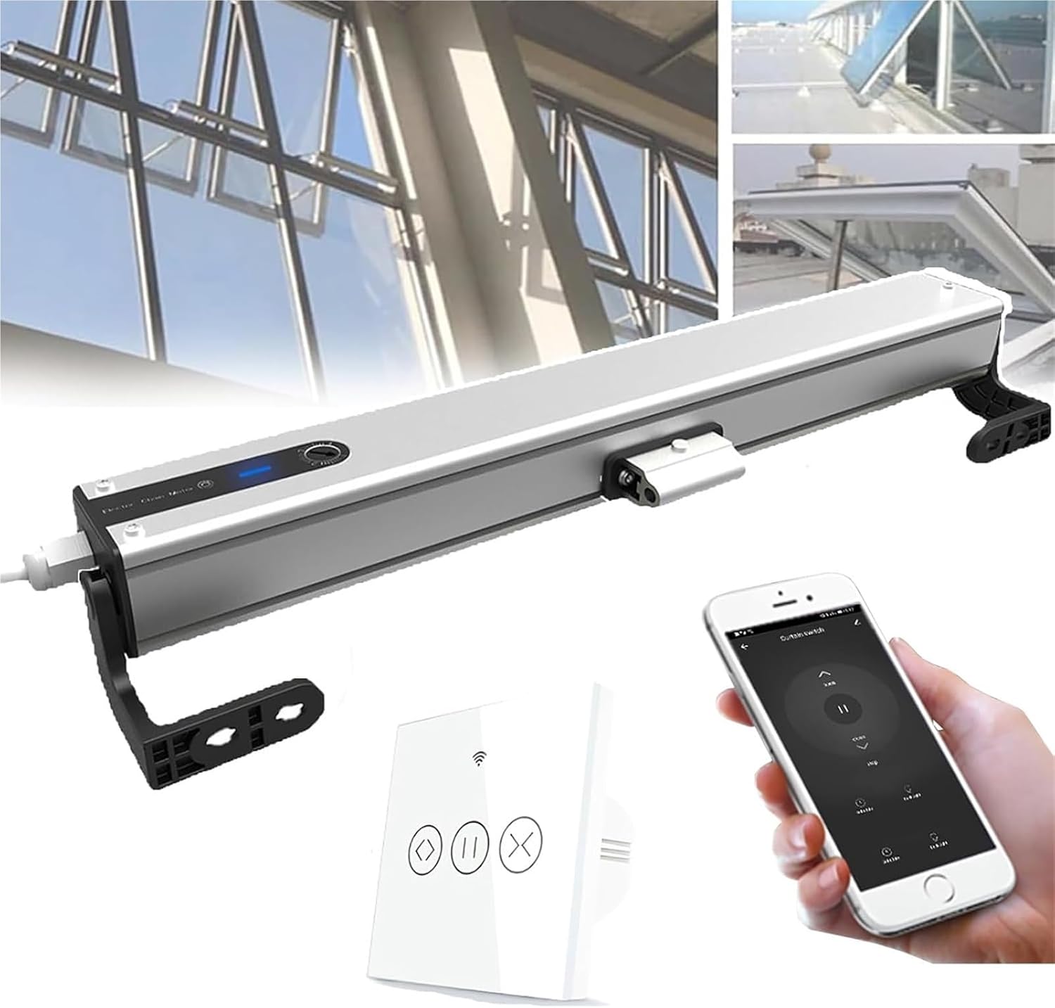 Electric Window Opener Actuator， 100-400mm Adjustable Stroke App Control/24-Hour Timing with Wall Switch for Sliding Windows