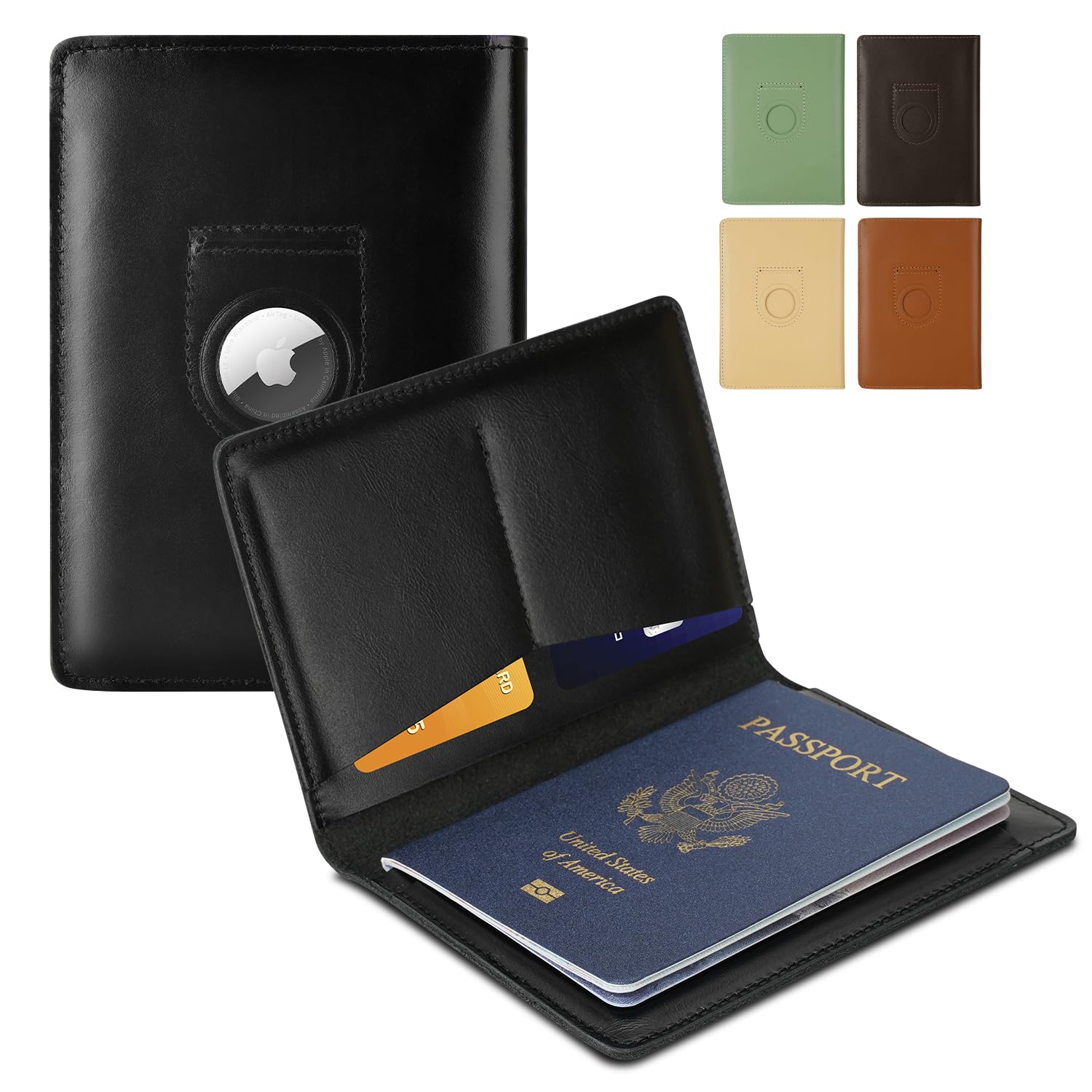 Full Grain Leather AirTag Passport Holder Wallet Cover for Men and Women Travel, Passport Holder with AirTag Slot Passport Wallet, Travel Essentials Genuine Leather Passport Cover Gifts (Black)