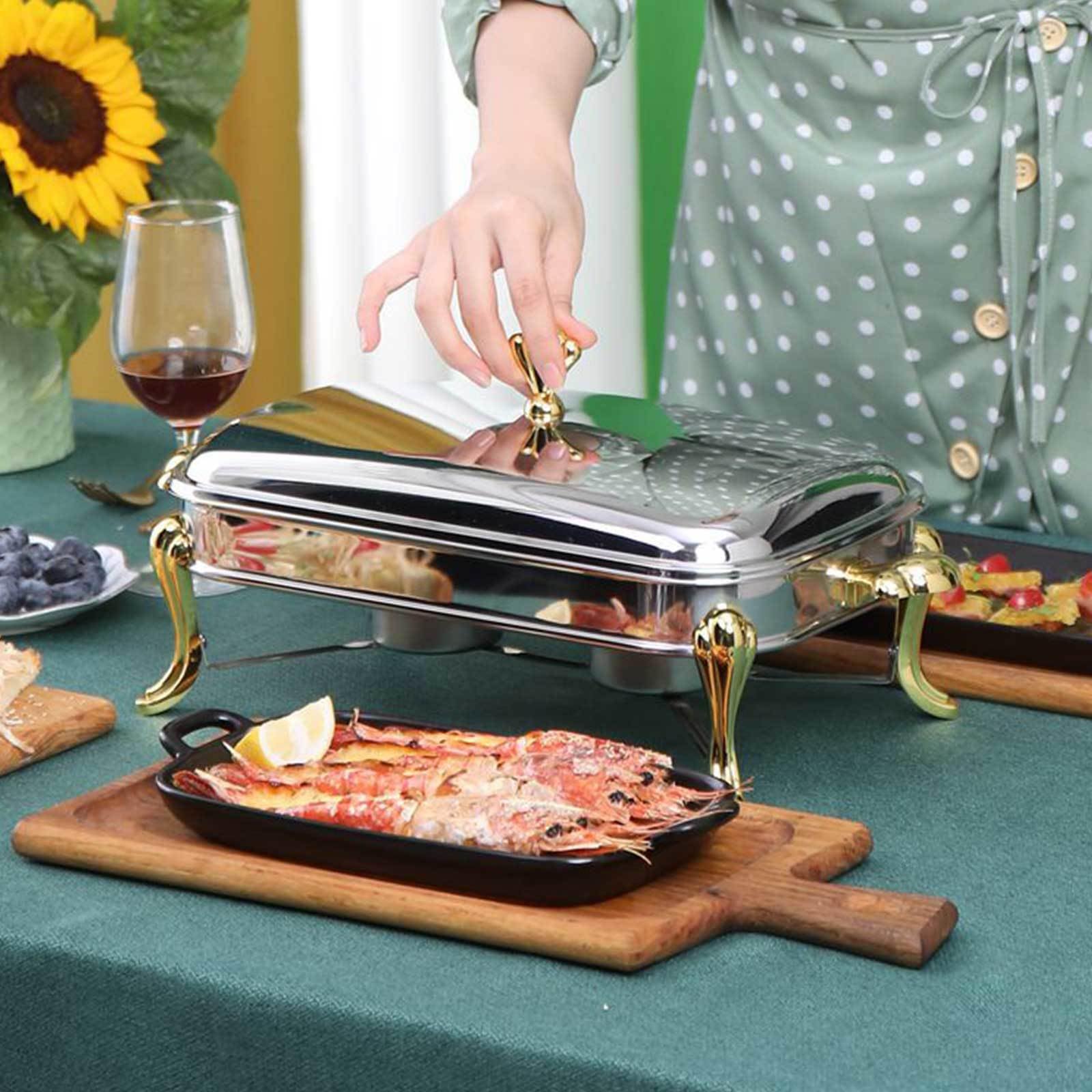 Chafing Dishes per Buffet 1 Confezione, Chafer Rettangolare in Acciaio Inox per Catering con Coperchio, Chafer e Set Scaldavivande a Buffet con Vaschetta per Cibo e Acqua, Telaio, Porta Combustibile