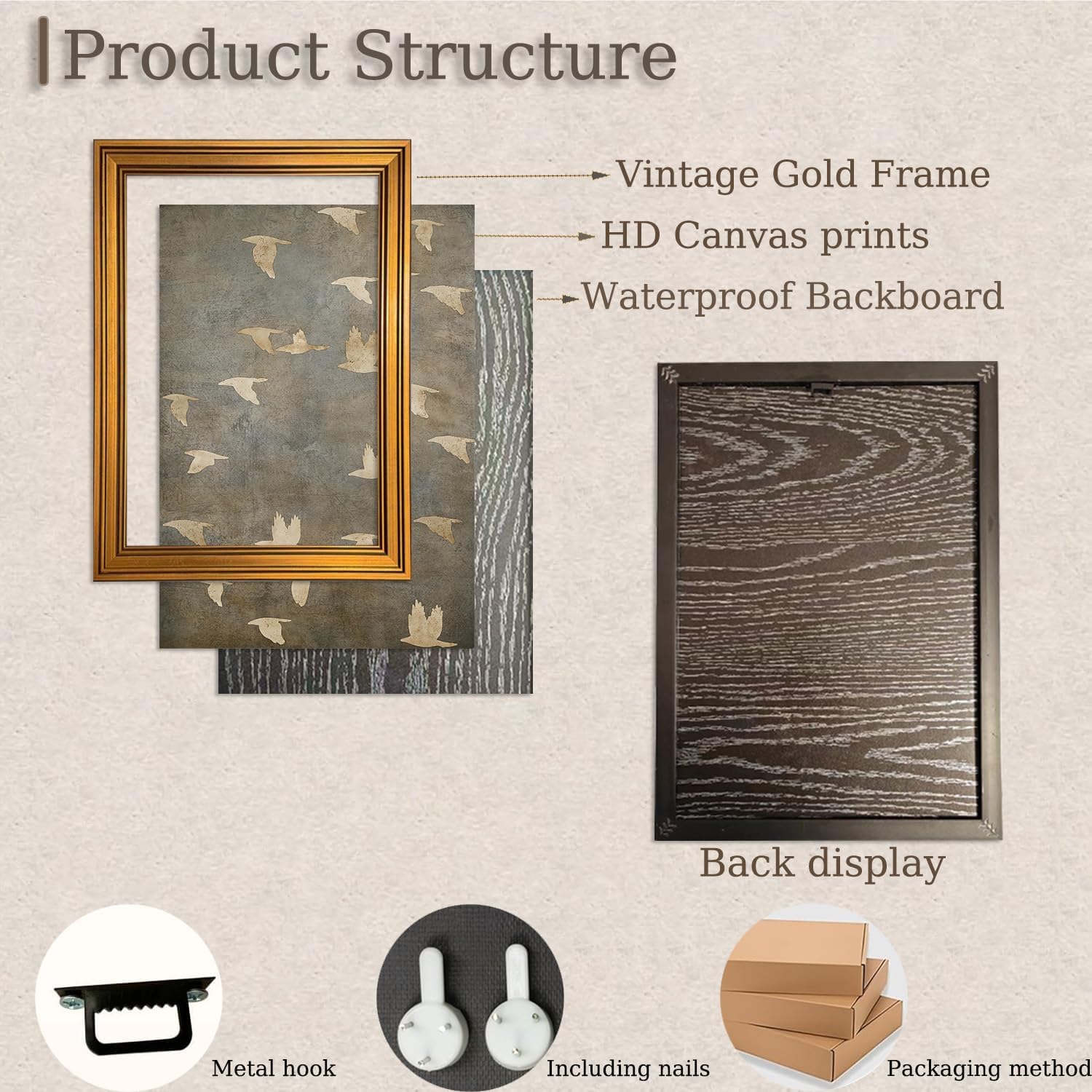 Gold Framed Wall Art Vintage Bird Canvas Art Prints Neutral Minimalist Paintings Wall Decor Modern Abstract Aesthetic Pictures Artwork for Bedroom Living Room 16x24in