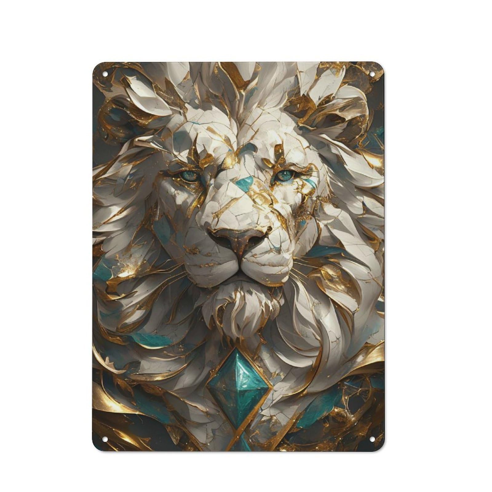 Junmoney Style-4 Rustic Marble And Gold Lion Head Tin Wall Plaque 40X30cm, Rustic Kitchen Decor For Cottage, Kitchen, Hallway Or Breakfast Nook