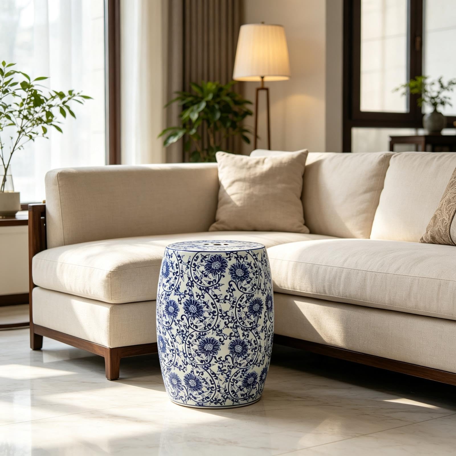 Ceramiczny Stołek Ogrodowy - Dekoracyjny Stołek Chinoiserie Na Boczny Stolik Na Zewnątrz - Do Wewnętrznego Ogrodu I Patio - Stołek Akcentujący Wystrój Domu Do Ekspozycji Stojaków Na Rośliny