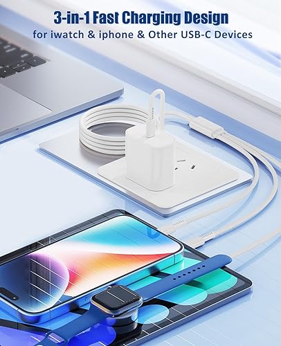 Miniatura 2 de Cargador para Apple Watch de carga rápida, cable de carga múltiple 3 en 1 con cargador USB C de 20 W, cable de carga iWatch de 6 pies para iWatch