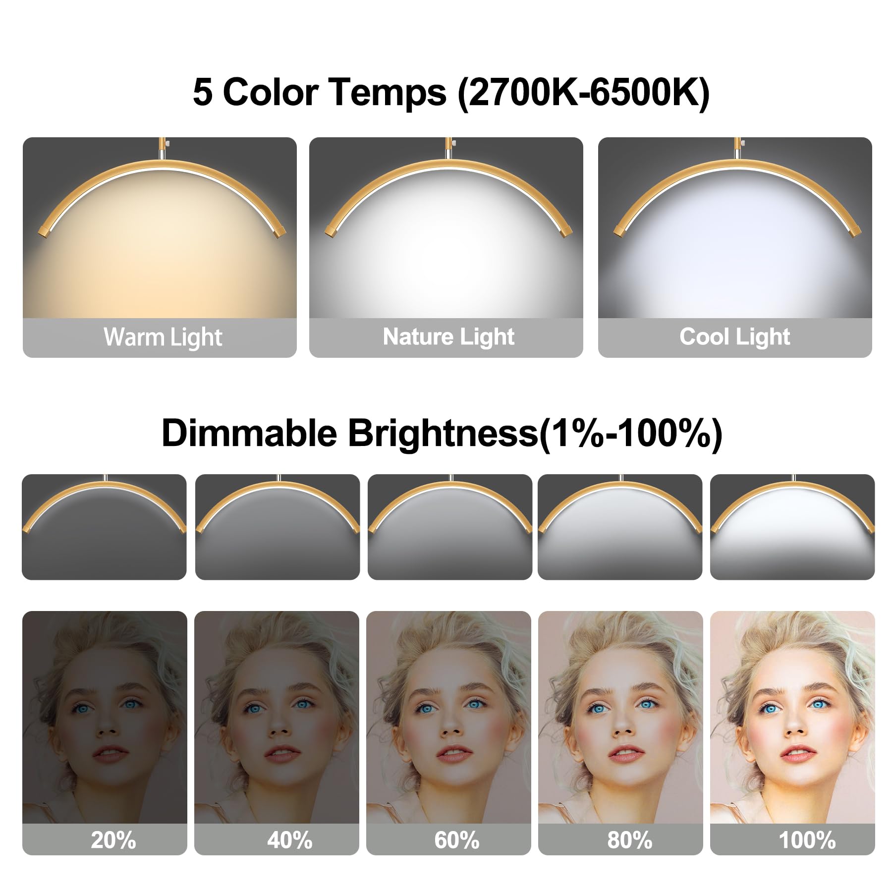 AURELLE Halbmond-Wimpern-Licht – verstellbare LED-Boden-Lampe mit 4-facher Lupe und Handy-Halterung für Wimpernverlängerungen, Nagelkunst, Tattoos, Hautpflege, Salon, SPA, dimmbare Helligkeit