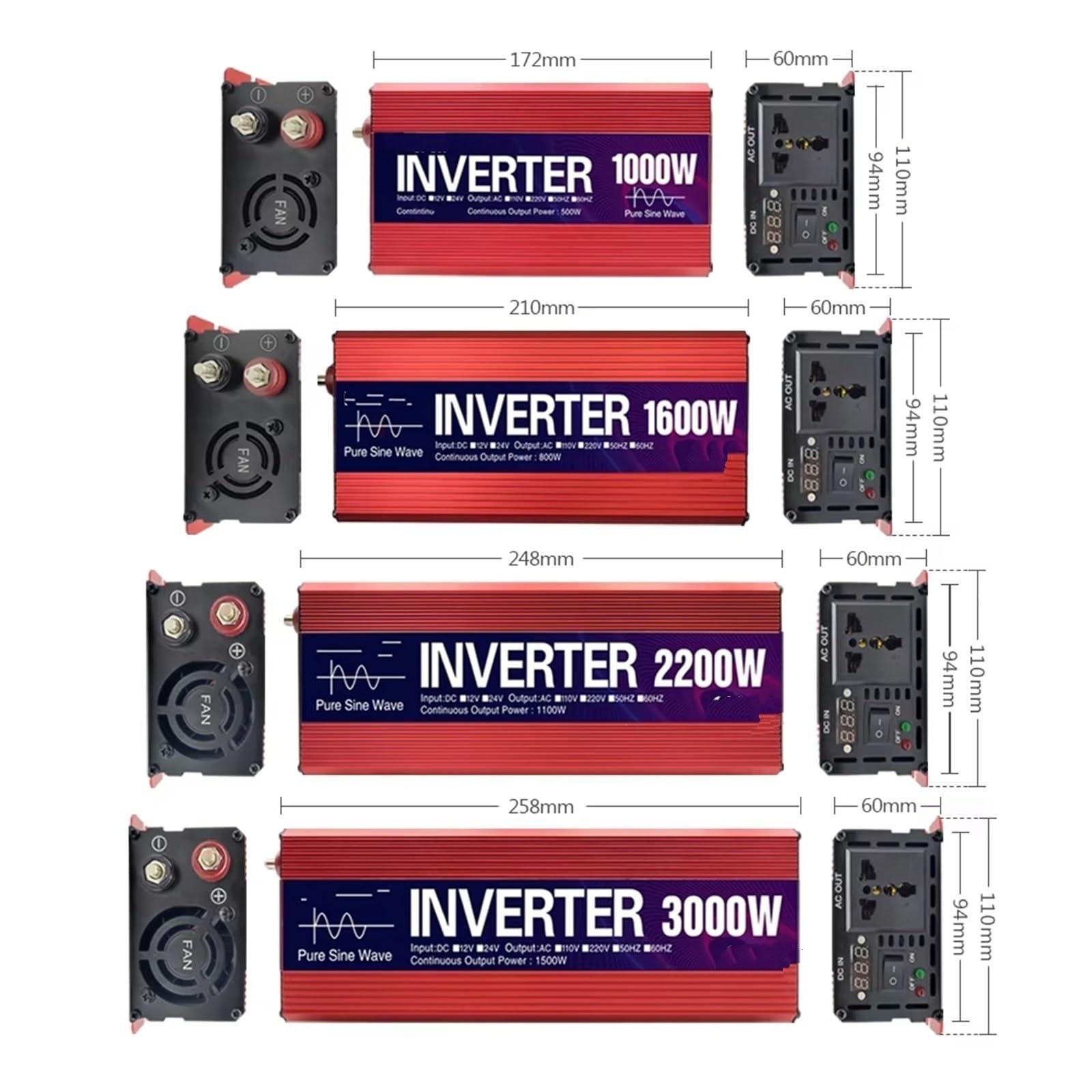 Inversor Inversor De Onda Sinusoidal Pura De 1000W 1600W 2200W 3000W CC 12V/24V A CA 110 V/220 V 50Hz 60Hz Transformador Voltaje Convertidor Solar(12V,110V,2200W)