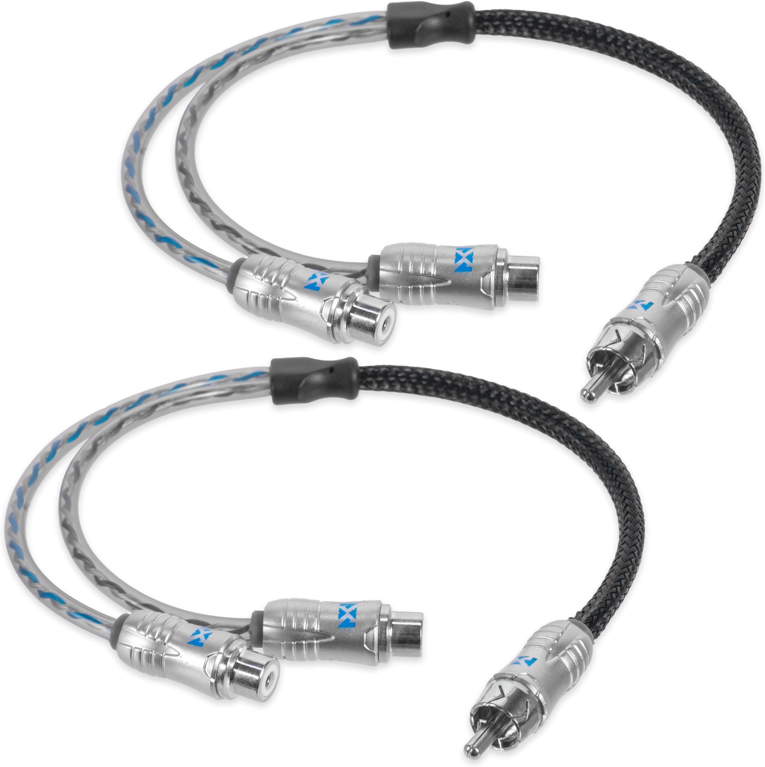 NVXXIX2F Oxygen Free Copper 1 Male to 2 Female Y-Adapter Double Twisted Pair X-Series Car Audio RCA Audio Cable with Shielded Noise Reduction and Split-tip Silver-Plated Machined Ends (2-Pack)