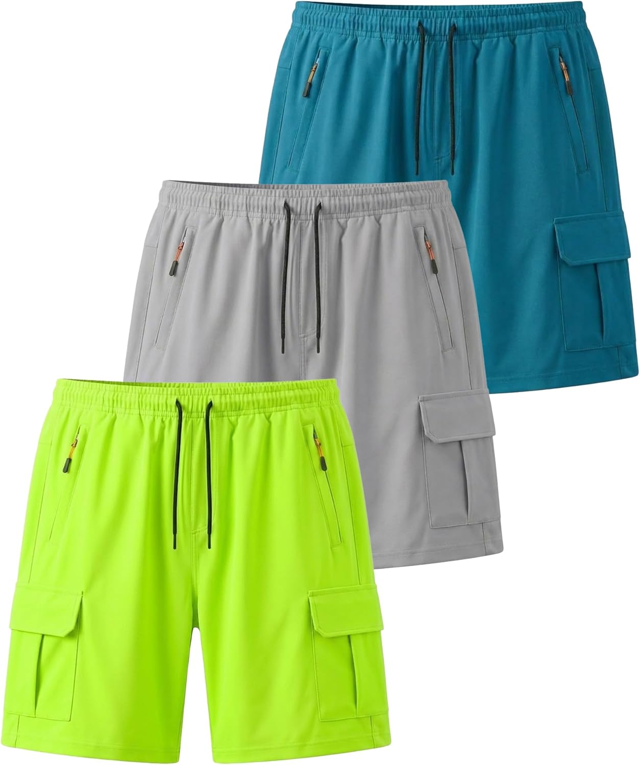 Boys Cargo Shorts 3-Pack, Kids Athletic Lightweight Quick Dry Shorts with Zipper Pockets for Basketball, Outdoor