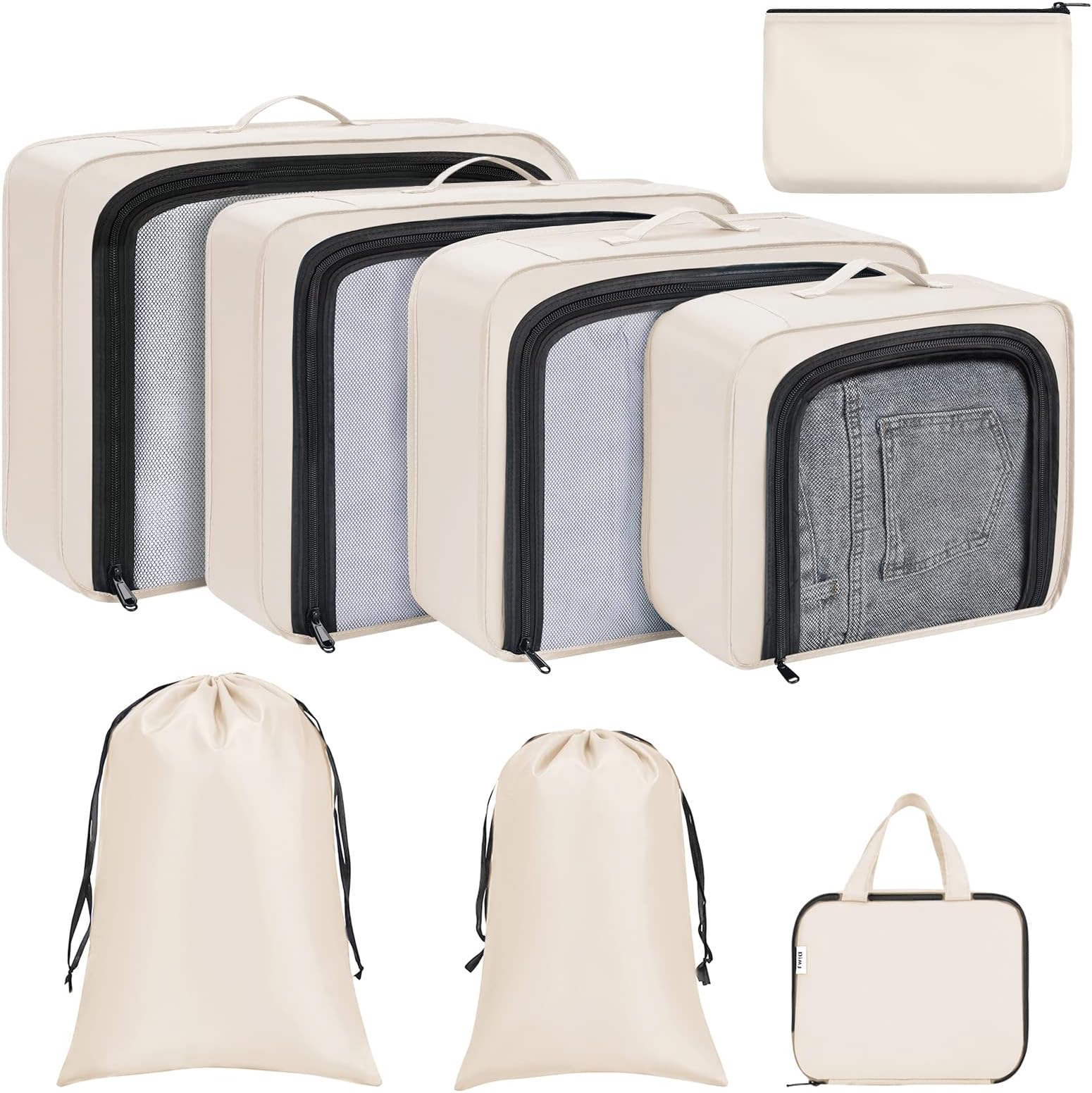 DIMJ Packing Cubes 8 Set, Travel Cubes Foldable Suitcase Organizer Lightweight Luggage Storage Bag (Beige)