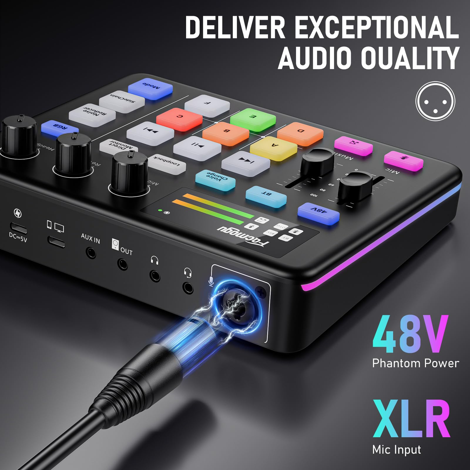 Facmogu G9 Gaming Audio Mixer, Audio Interface mit 3.5mm/XLR Mic In, RGB, Bluetooth, 48V Phantom Power, Voice Changer, Live Sound Card Board für Live Streaming, Podcast, Gaming - nicht für USB Mic