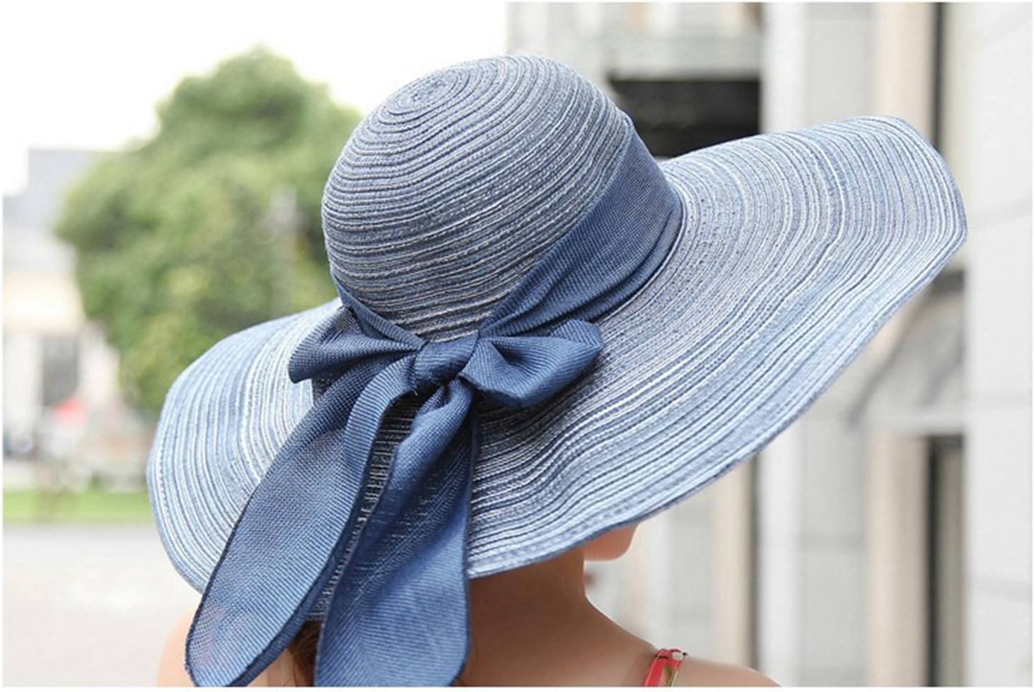 KitMax (TM Women Fashion Bowknot Decor Summer Outdoor UV Protect Beach Sun Large Brimmed Foldable Cap Hat (Blue)