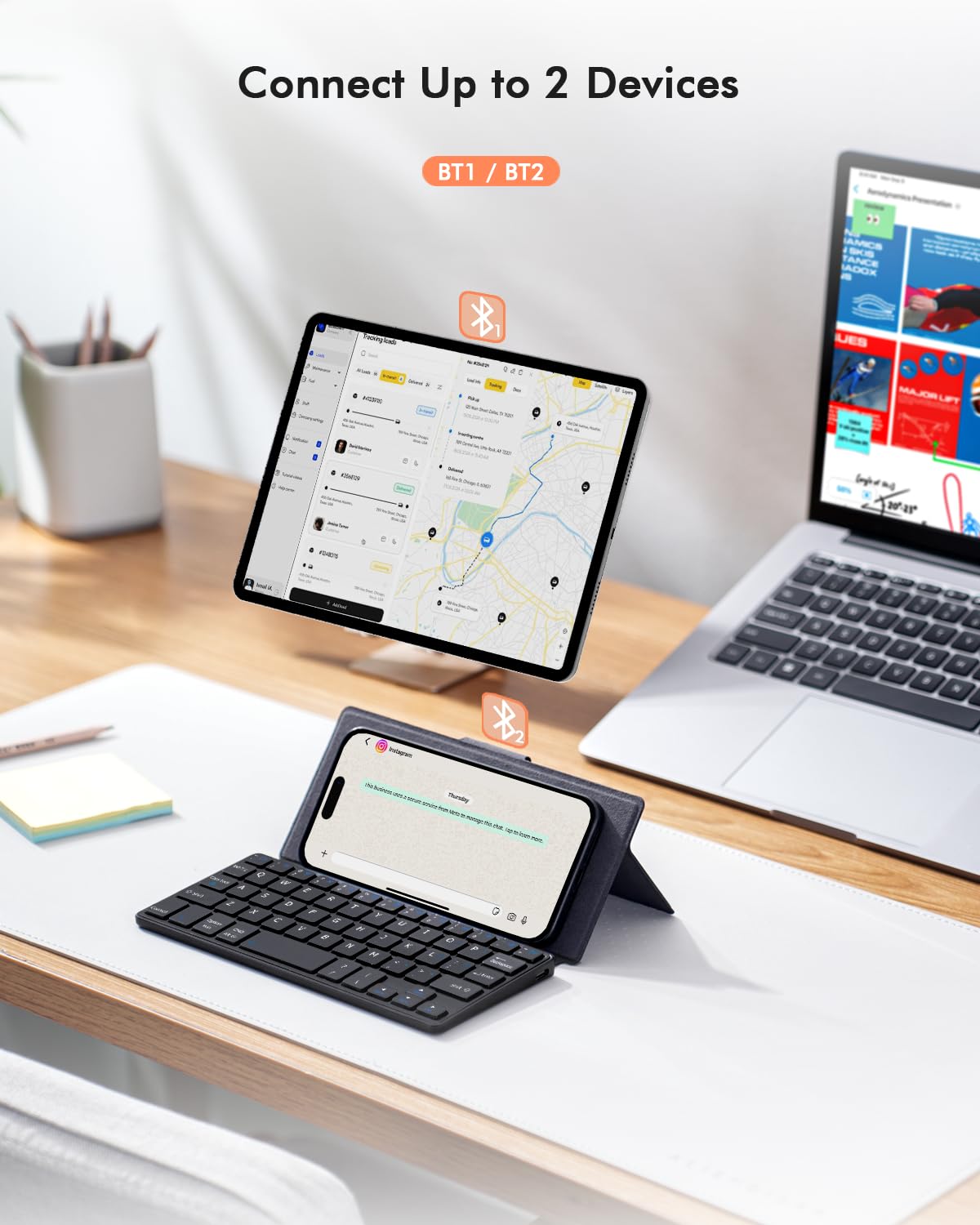 Doohoeek Universal Bluetooth Mini Keyboard, Wireless Compact Keyboard with Navigation Keys & Any-Angle Stand for Android/iOS/Windows, Dual-Device Keypad for Phones/Galaxy Z Fold/iPad mini: Black