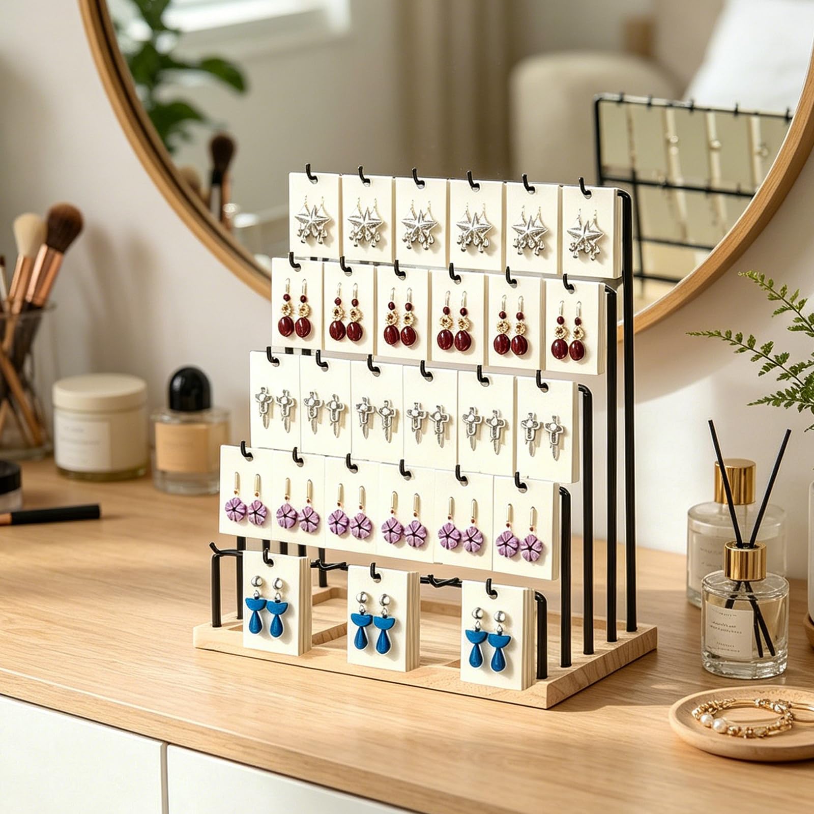 Espositore orecchini set da 2, supporto gioielli in legno con 5 livelli e 3 ganci, espositore per negozio e mercati, per orecchini collane bracciali e accessori