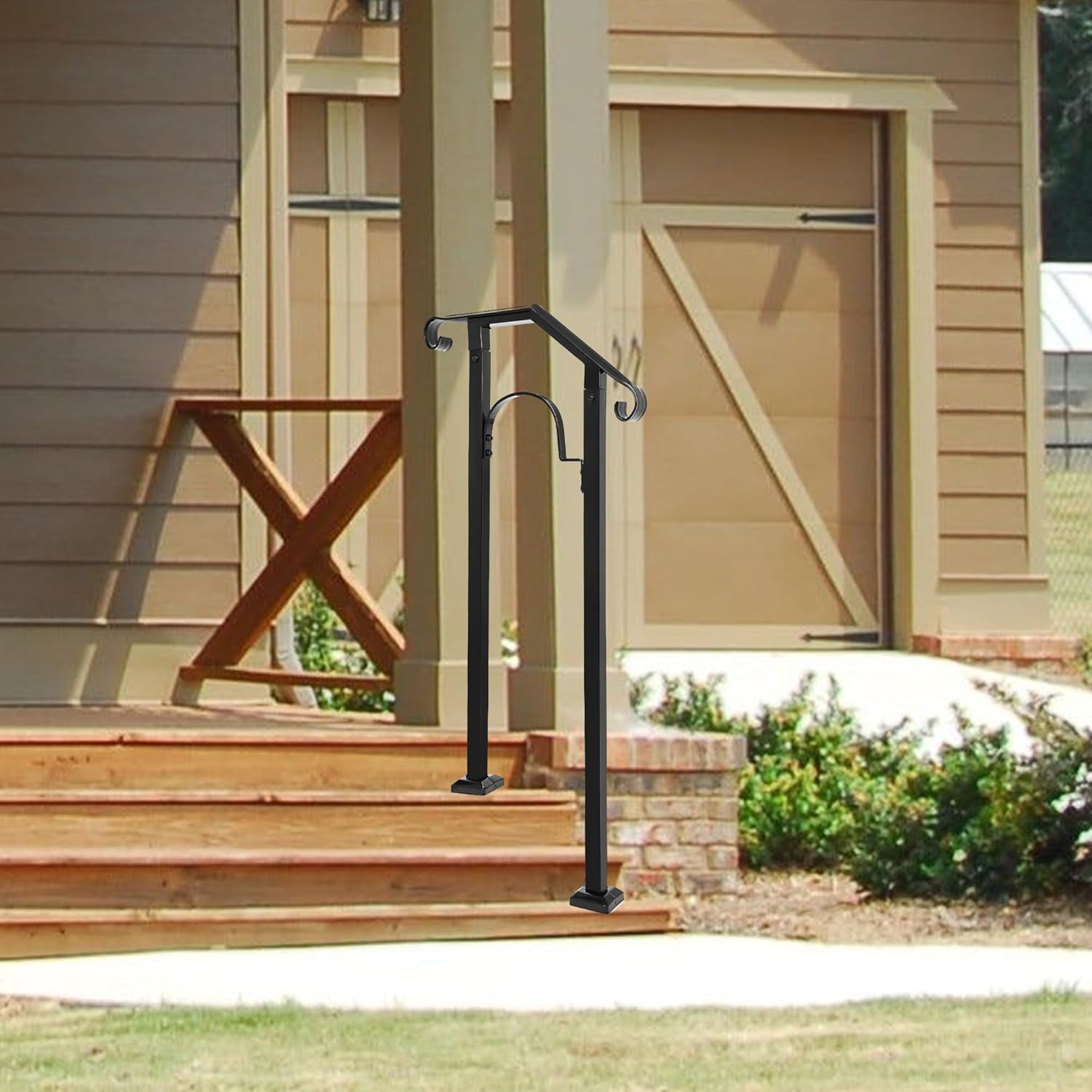 KUAFU Handrails for Outdoor Steps, Fits 1 to 2 Steps Transitional Hand Rail, Black Outdoor Stair Railing, Steel Porch Steps Railing