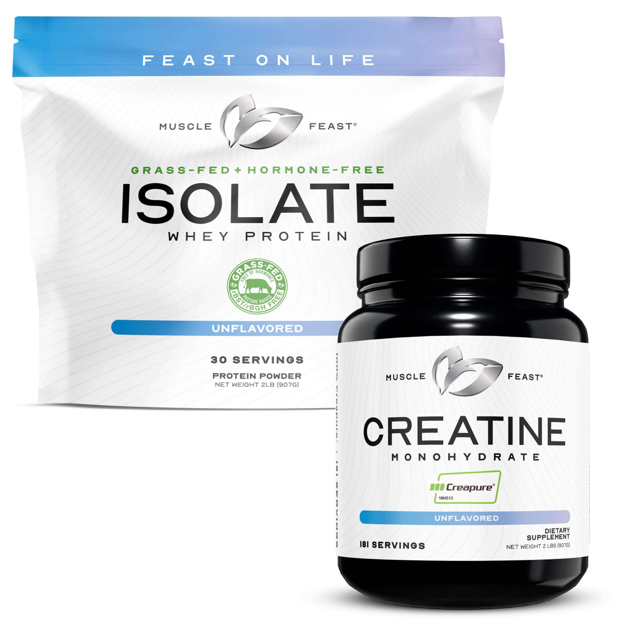 Muscle Feast Creatine + Isolate Bundle: 1 Creatine Powder (Unflavored, 2lb) + 1 Whey Protein Isolate (Unflavored, 2lb) | Premium Supplements, Vegetarian, Gluten