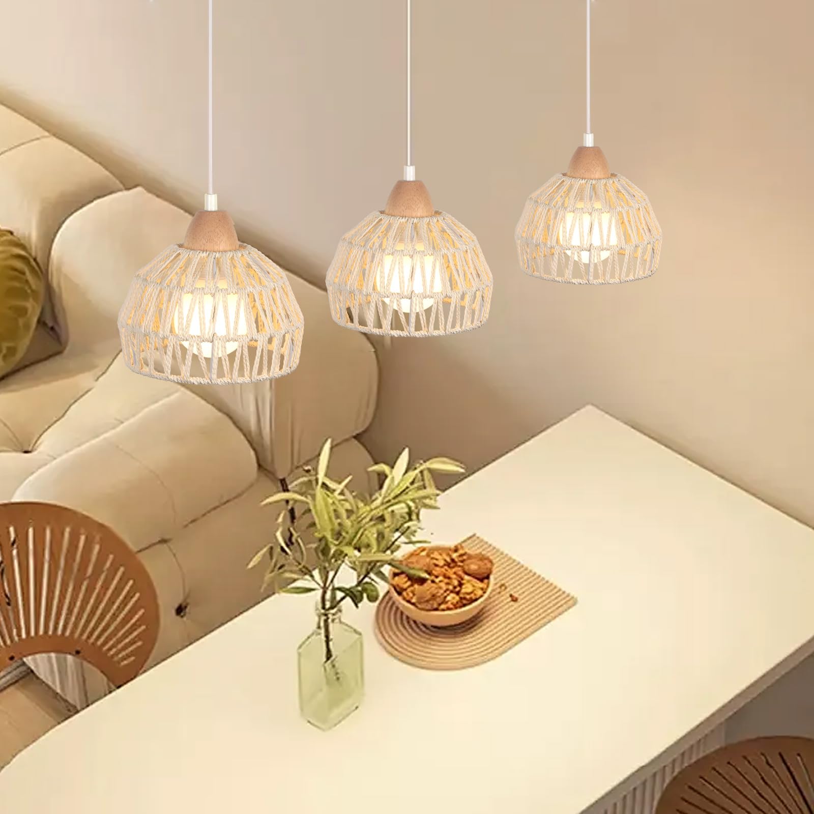 iDEGU Vintage Pendelleuchte 3-flammig Kronleuchter aus Holz Rattan Lampenschirm 20cm E27 Hängeleuchte Dekoration Retro Hängelampe für Esszimmer, Schlafzimmer, Wohnzimmer, Küche (Cremeweiß, Balken)