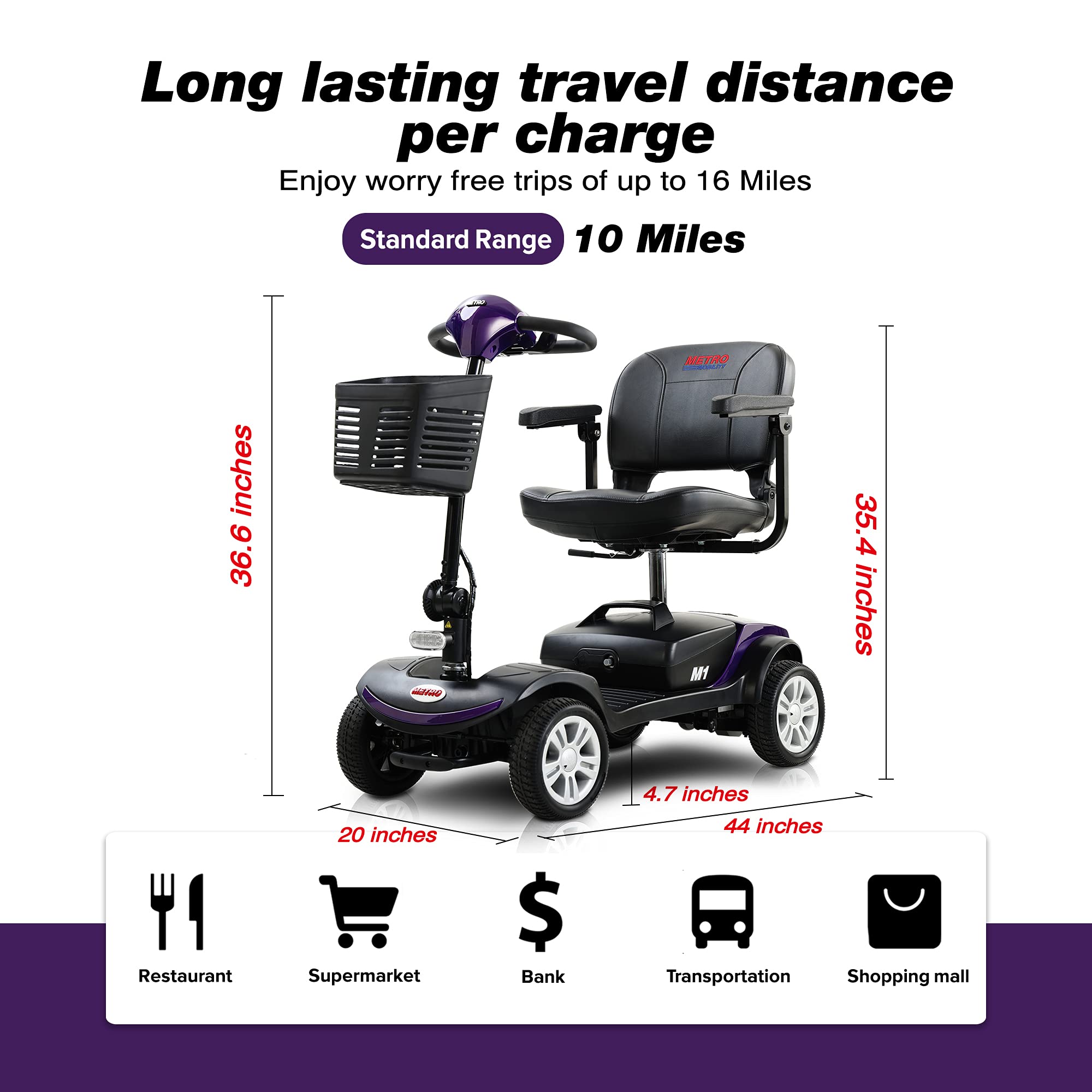 Metro Mobility 4 Wheel Electric Scooter for Adults - 300 lbs Capacity Motorized Mobility Scooters for Seniors, Travel - Detachable Basket and Seat - Purple