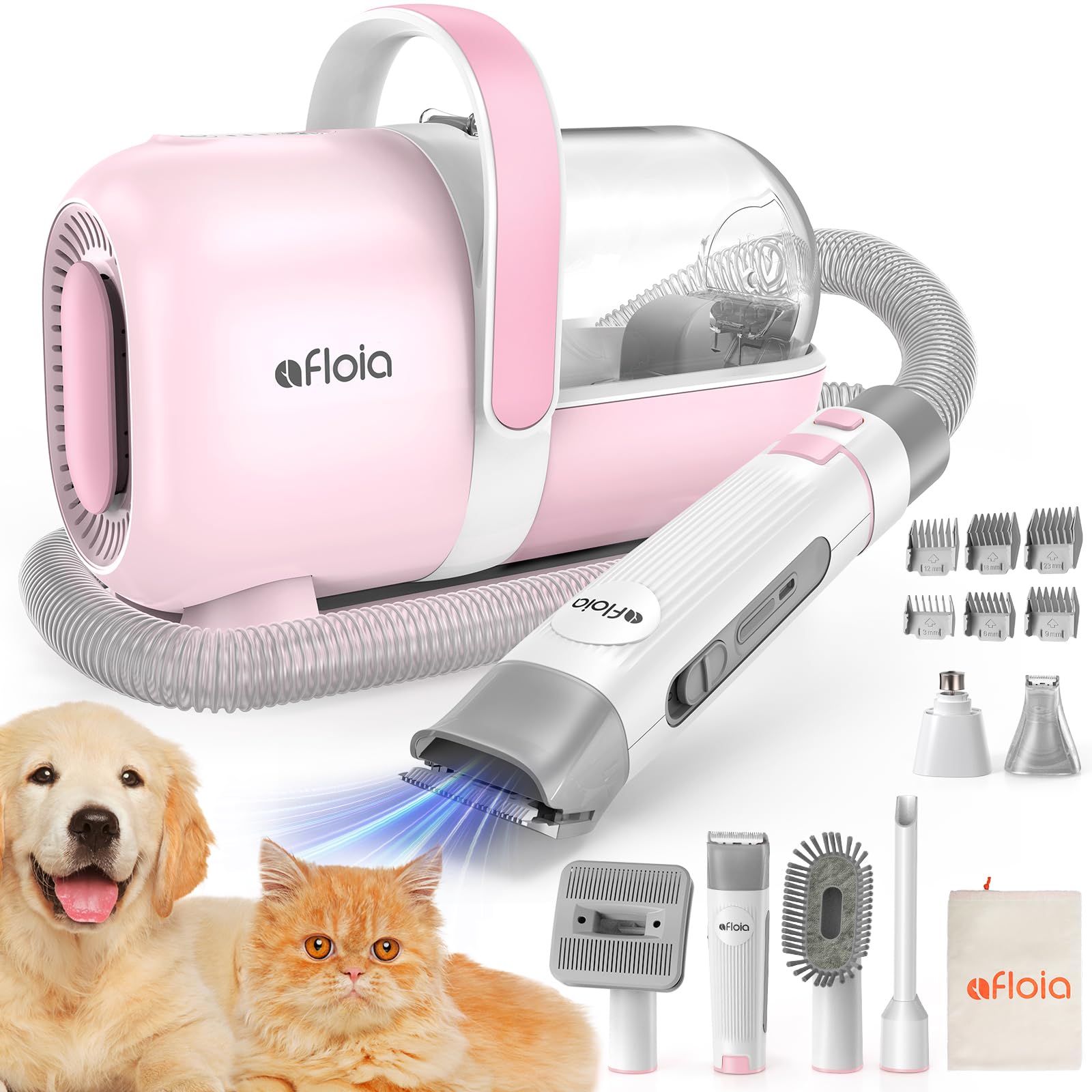 Afloia 6-in-1 Dog Grooming Kit, Pet Grooming Vacuum for Shedding, Dog Hair Vacuum with Clipper Nail Trimmer Grinder, Pet Brush Groomer at Home, Low Noise Cats Hair Remover, 1.5L Dust Cup, Pink