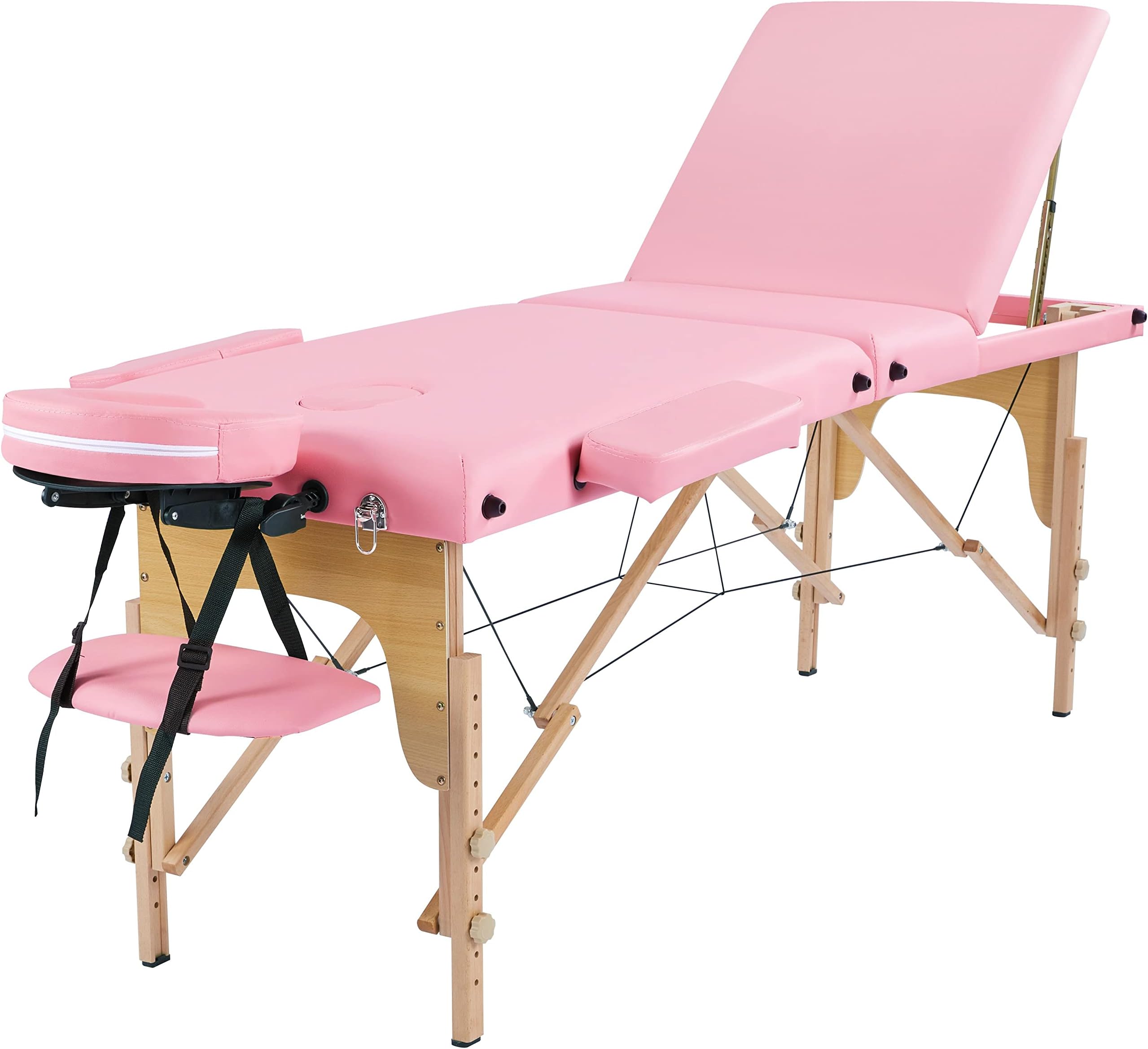 Yaheetech Portable Massage Table Folding Spa Beauty Bed Lightweight Tattoo Therapy Couch Wooden 60 cm Width 3 Section Pink