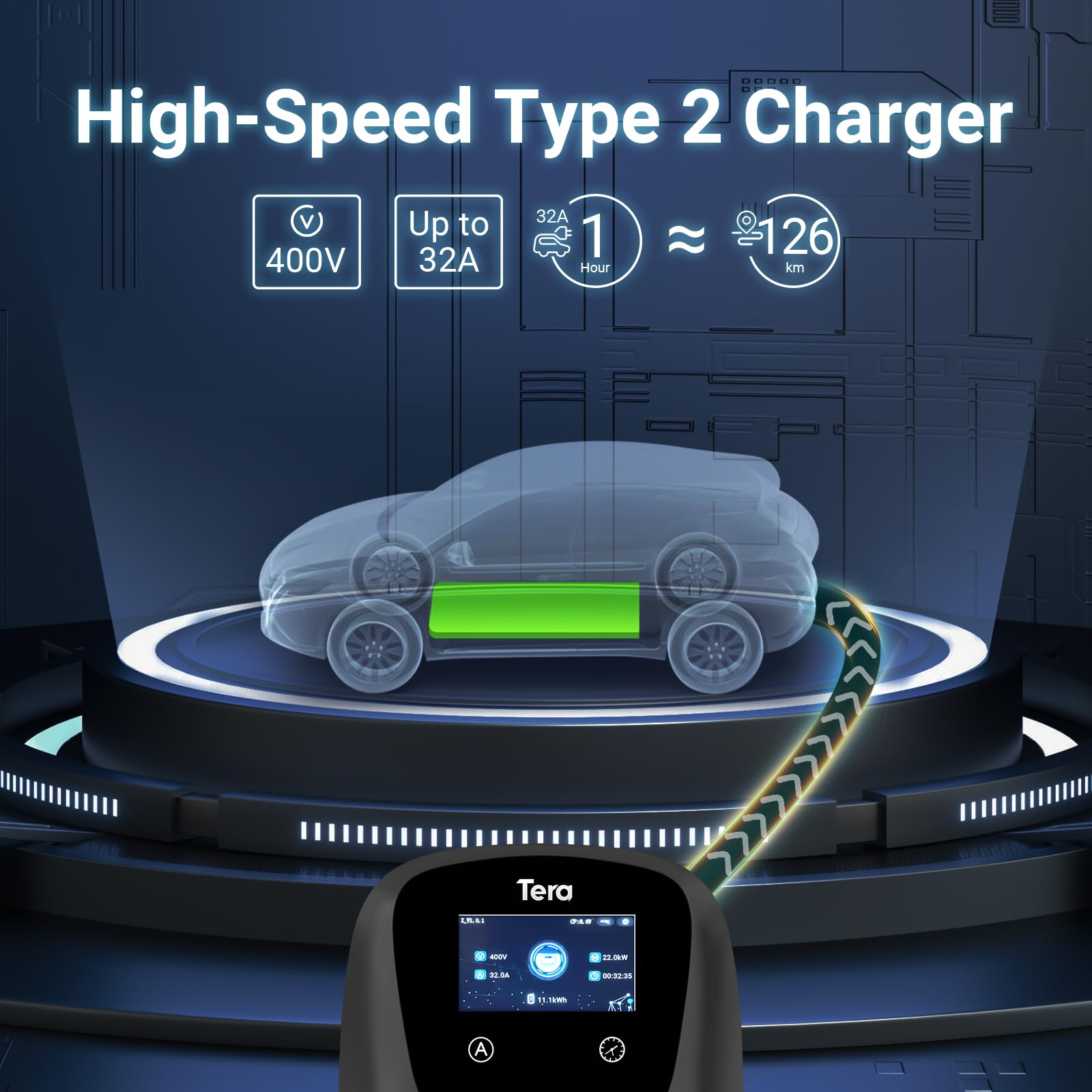 Tera Ładowarka EV z Smart App 32A Typ 2 11KW lub 22kW 400V CE i TUV Wallbox kabel do ładowania 7 metrów uchwyt ładowarki Sterowanie aplikacją&Wtyczka trójfazowa CEE - czarny W01