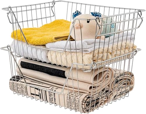 Miniatura 9 de SANNO Cestas apilables de alambre negras apilables para almacenamiento de verduras, despensa, refrigerador y organización de baño, paquete de 3