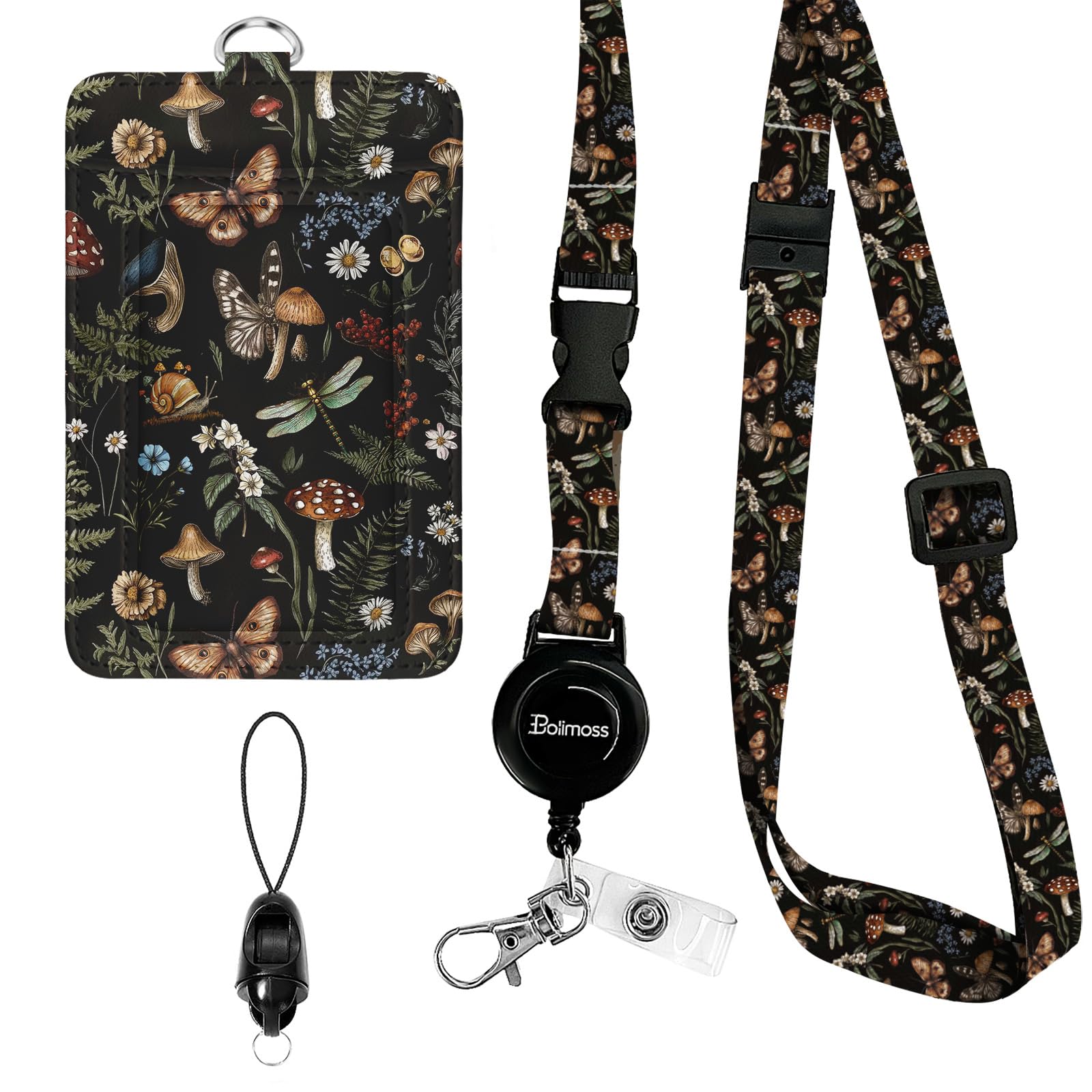 bolimoss Mushroom Lanyards for Id Badges, Cute Badge Holder with Retractable Reel Clip, Leather Work Name Tag Breakaway Lanyard Vertical ID Card Protector Case for Women Nurse Doctor Teacher Student โ image 1