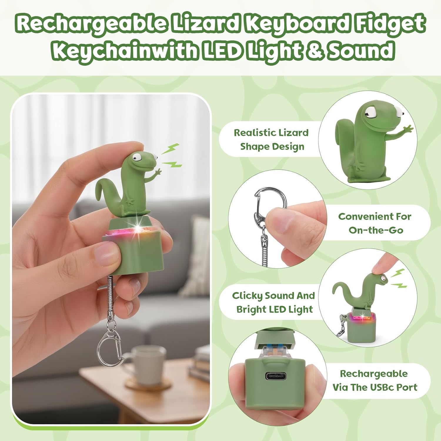 FunisFun Lizard Button Fidget Toys for Adults Stress Relief, Rechargeable Lizard Keyboard Fidget Clicker Keychain with LED Light & Sound for Anxiety ADHD Autism (Lizard, 1)