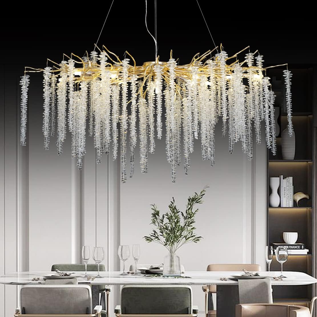 AUEAAOW Dining Room Chandeliers Rectangle Gold Crystal Chandelier