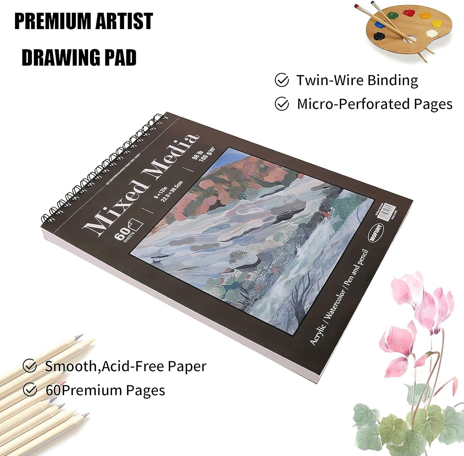 Mixed Media Sketch Pad, 9 x 12 inches, 60 Sheets (98lb/160gsm) Heavyweight Drawing Papers, Top Spiral Bound Hardcover Sketchbook, for Wet and Dry Media, Drawing, Painting : Arts, Crafts & Sewing
